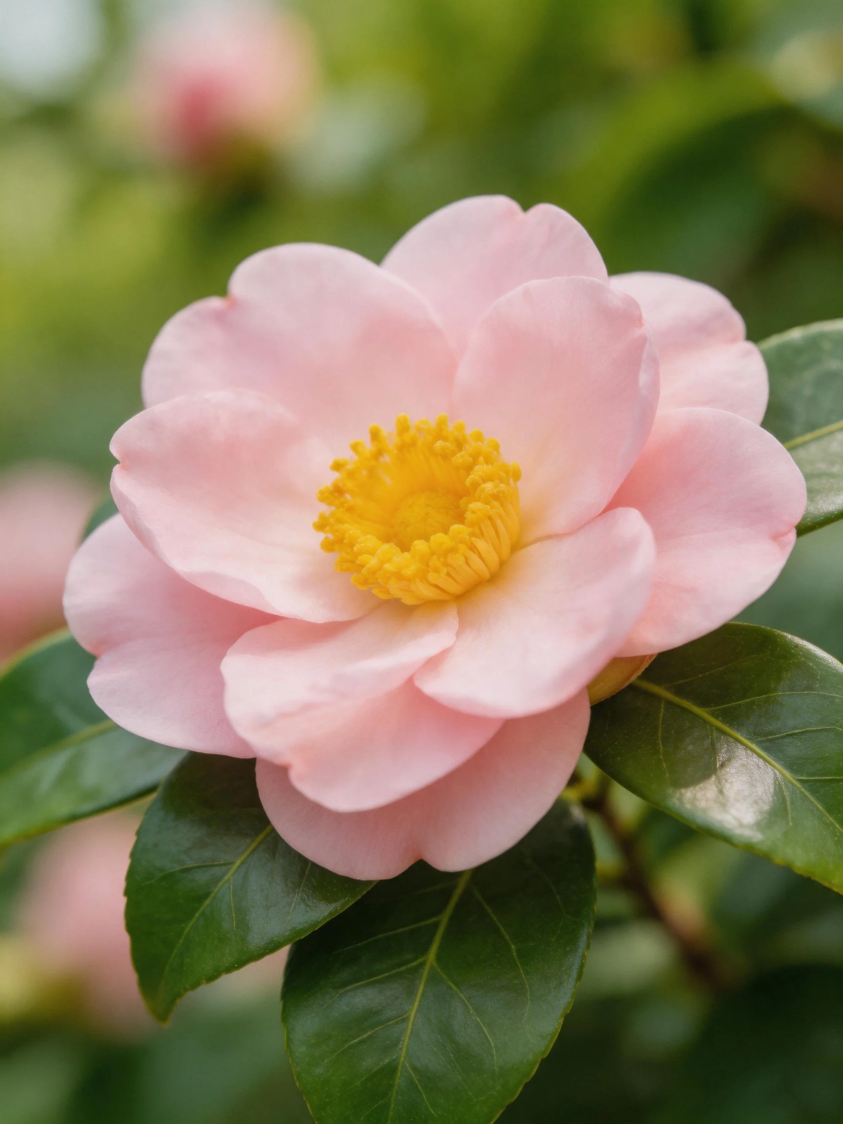 A delicate pink camellia with bright yellow center
