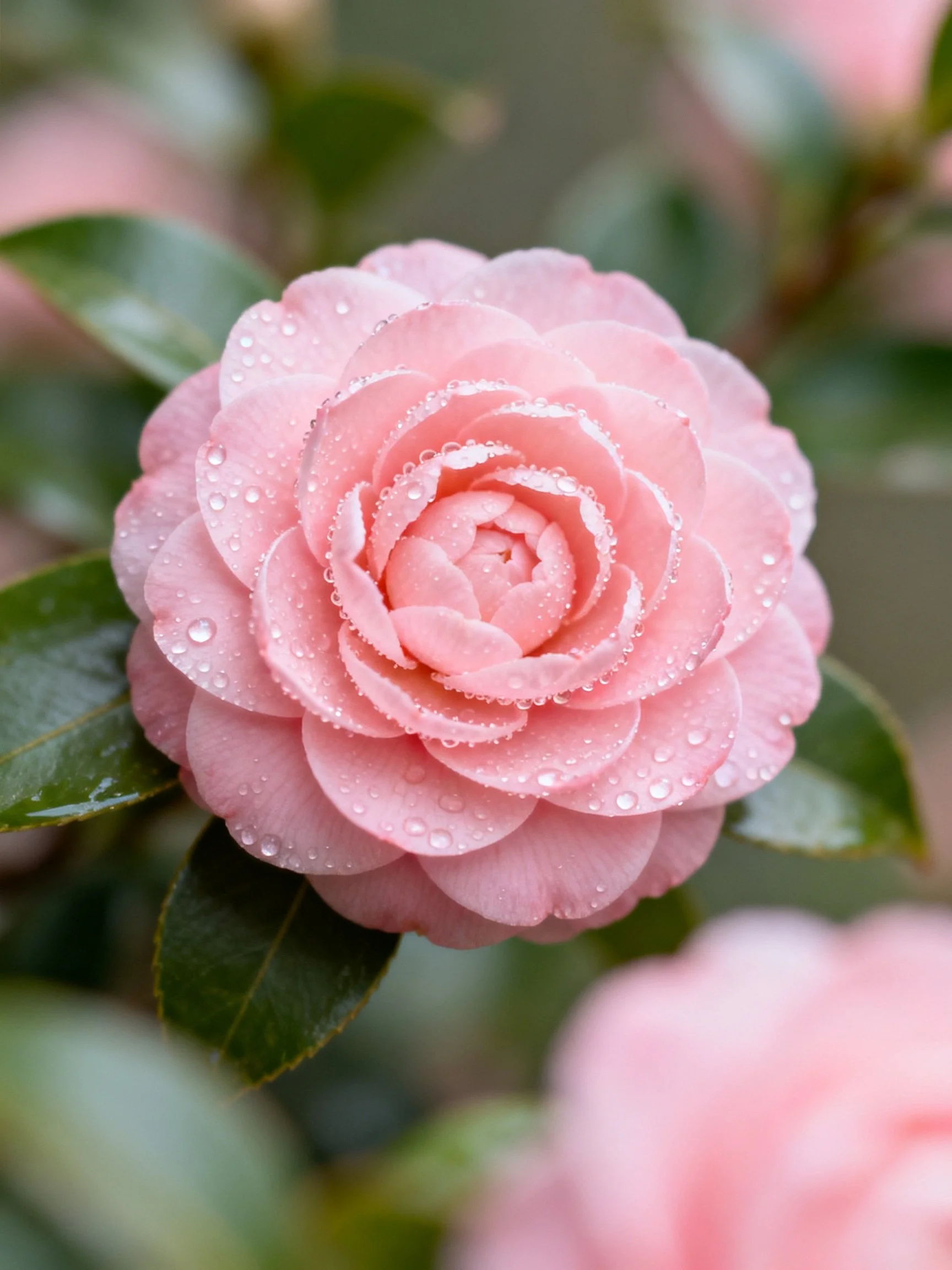 A delicate pink camellia with glistening dewdrops and green foliage