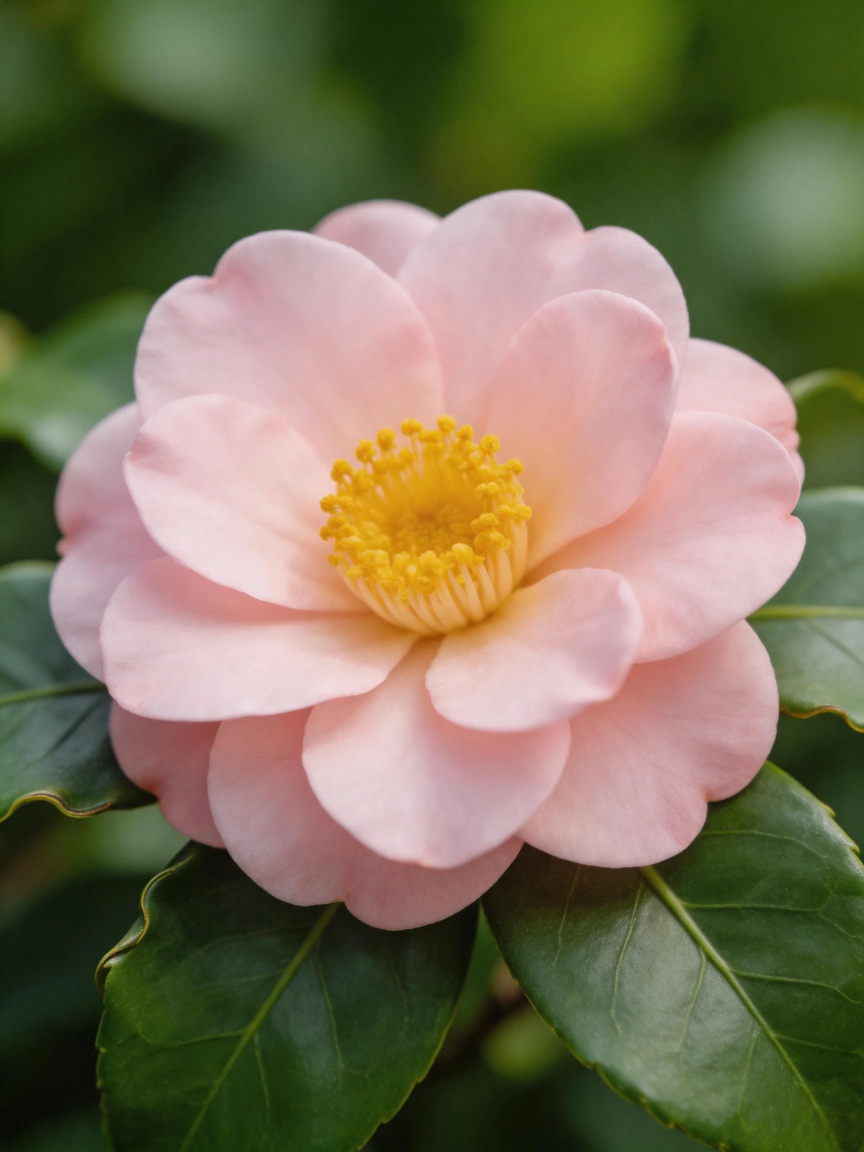A delicate pink camellia with vibrant yellow center and glossy green leaves