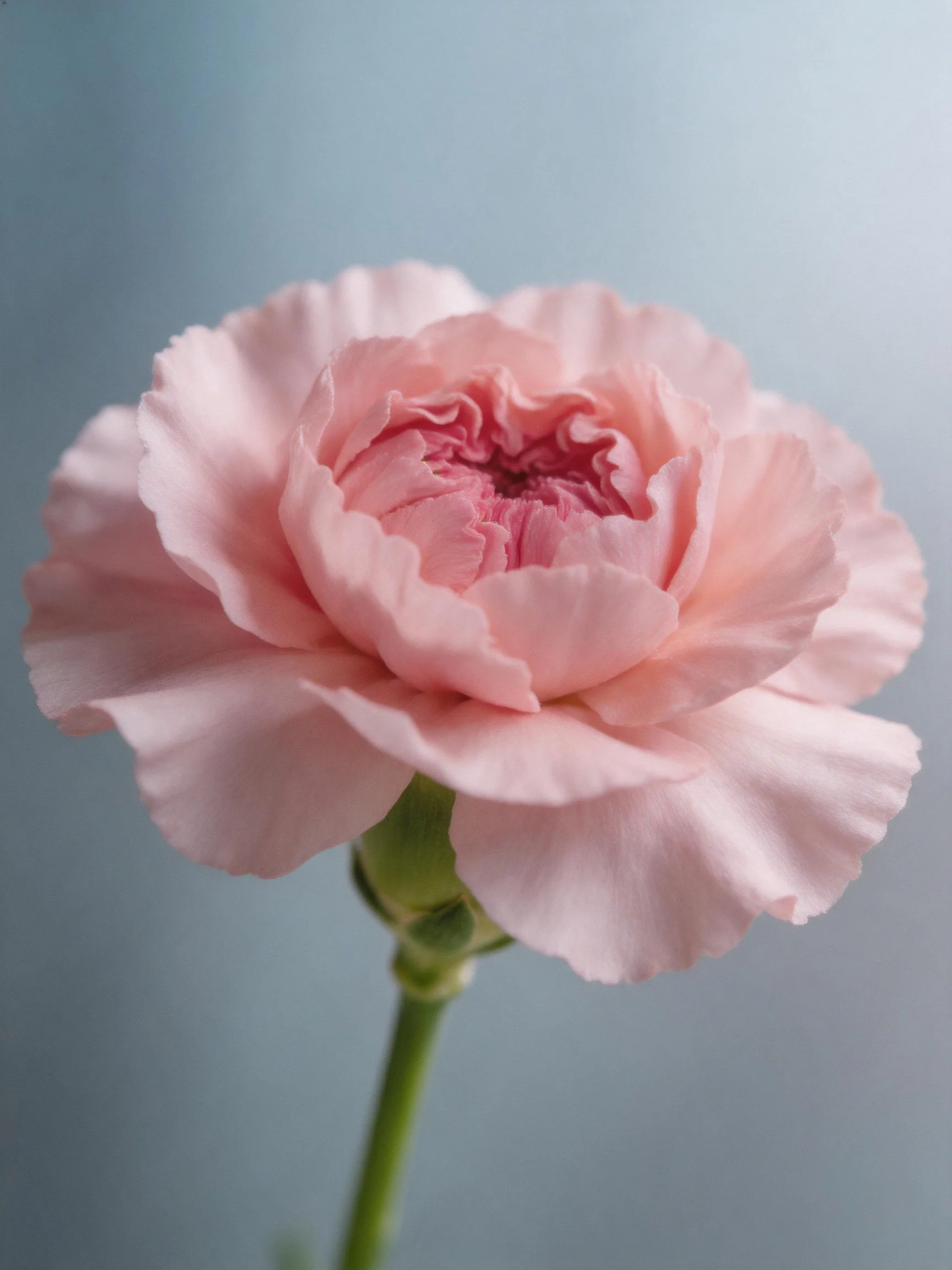 A delicate pink carnation blooms against a soft gray-blue backdrop