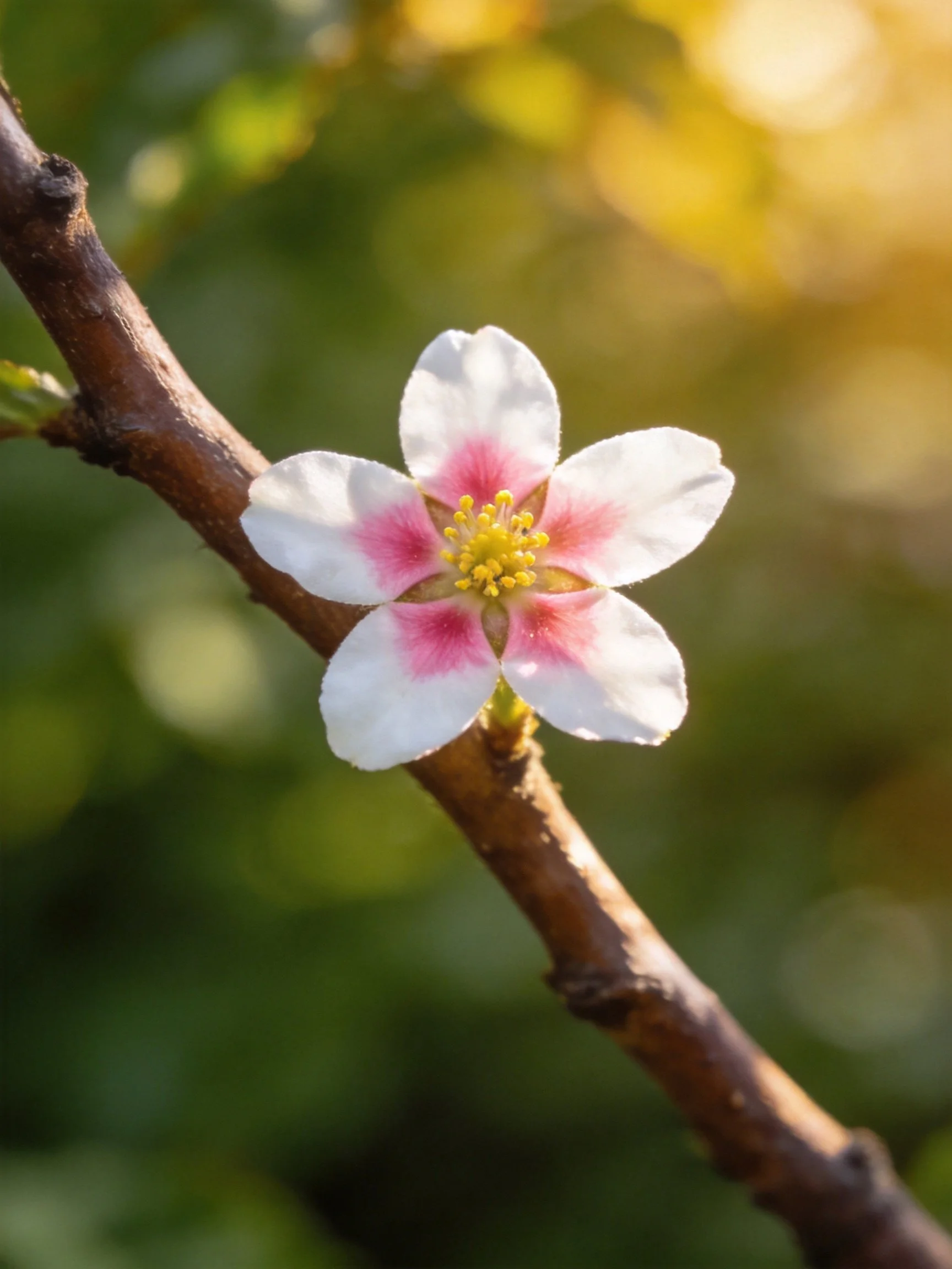 A flower with pink centers and white petals grows on a brown branch amid a blurred natural backdrop.