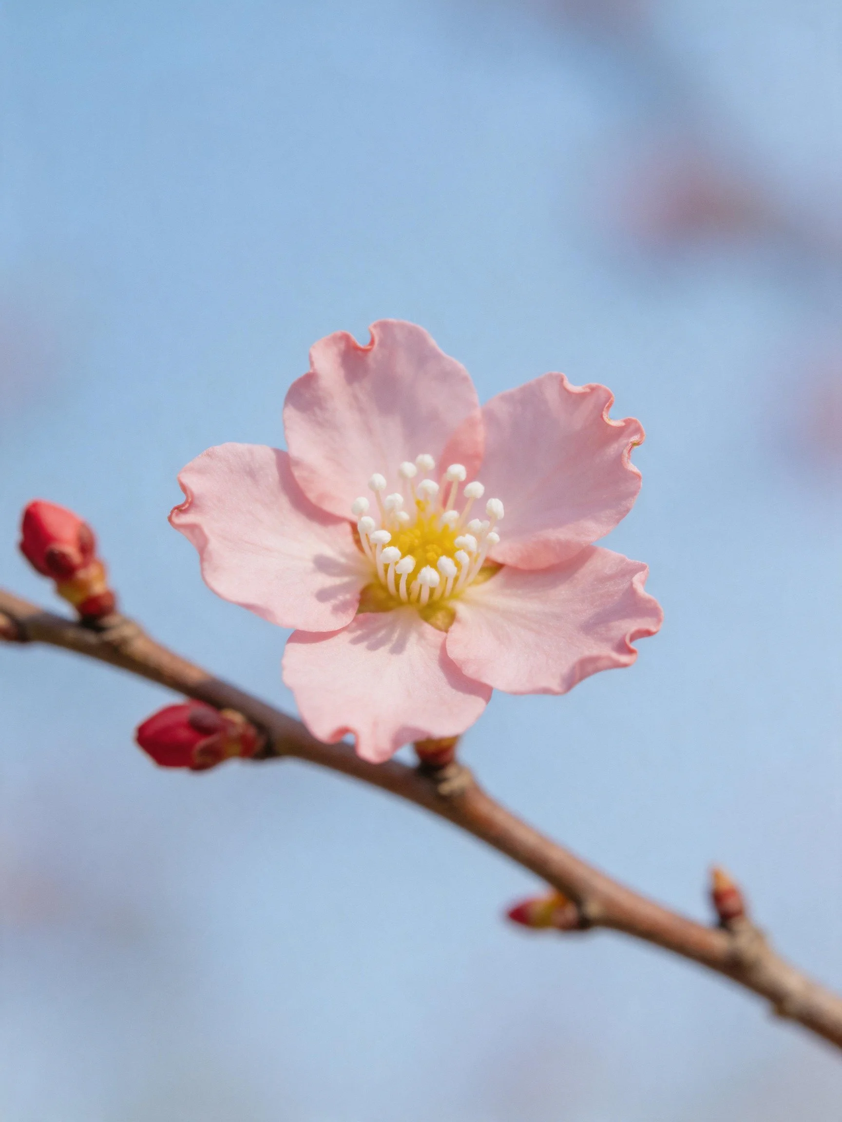 A delicate pink cherry blossom blooms beside closed buds