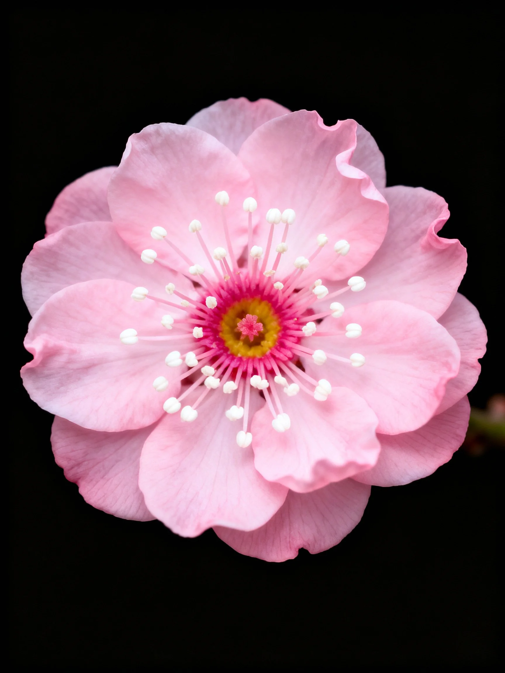 A delicate pink cherry blossom with white stamens and yellow center