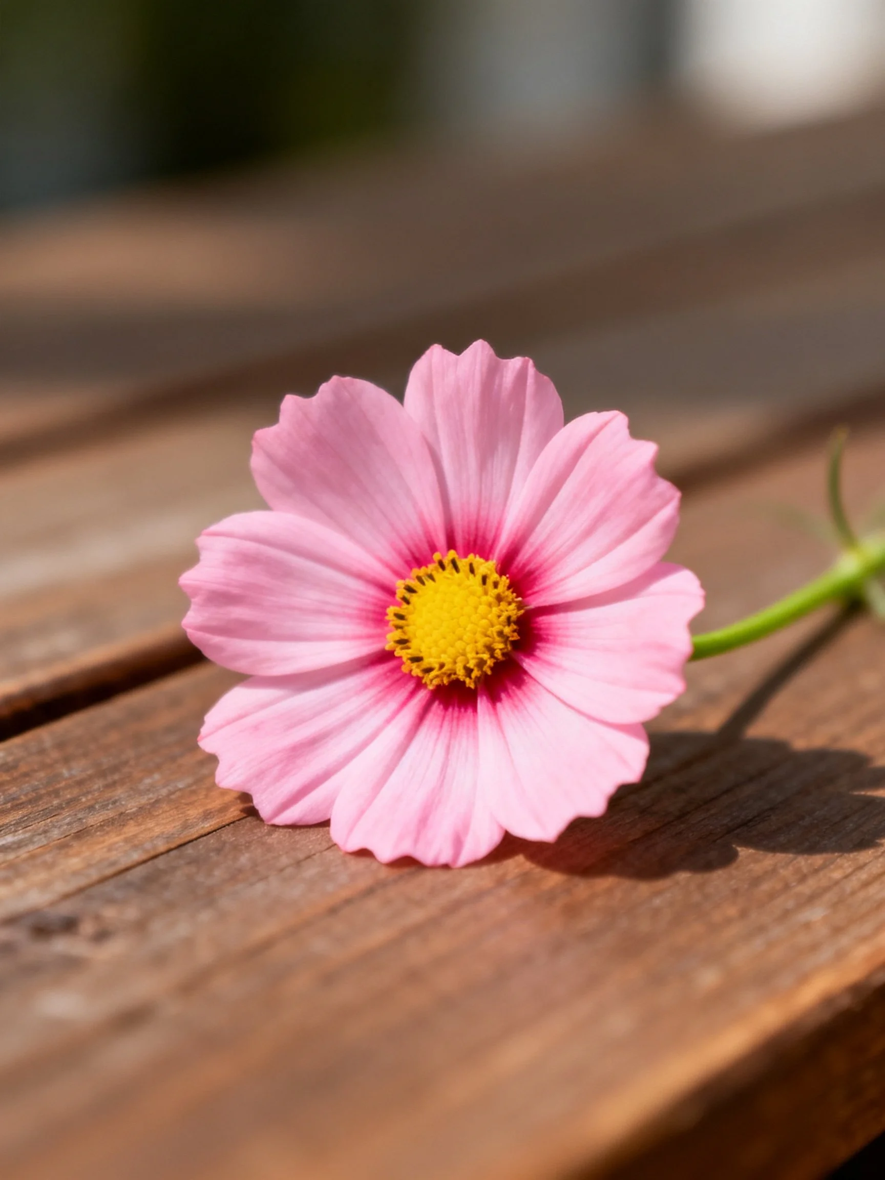 A delicate pink cosmos flower rests on a wooden table