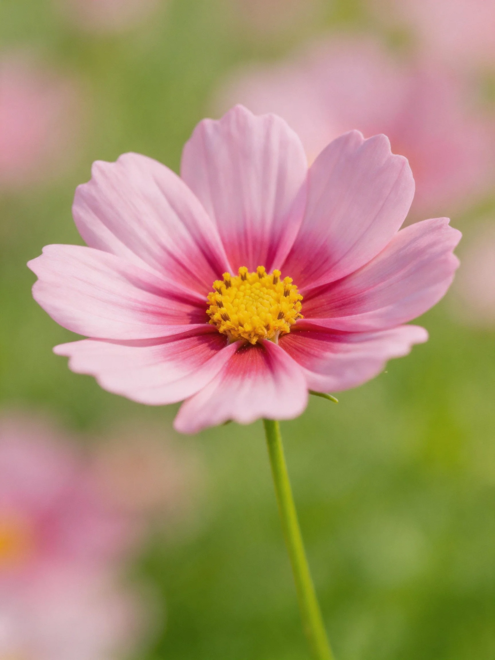 A delicate pink cosmos flower with a bright yellow center