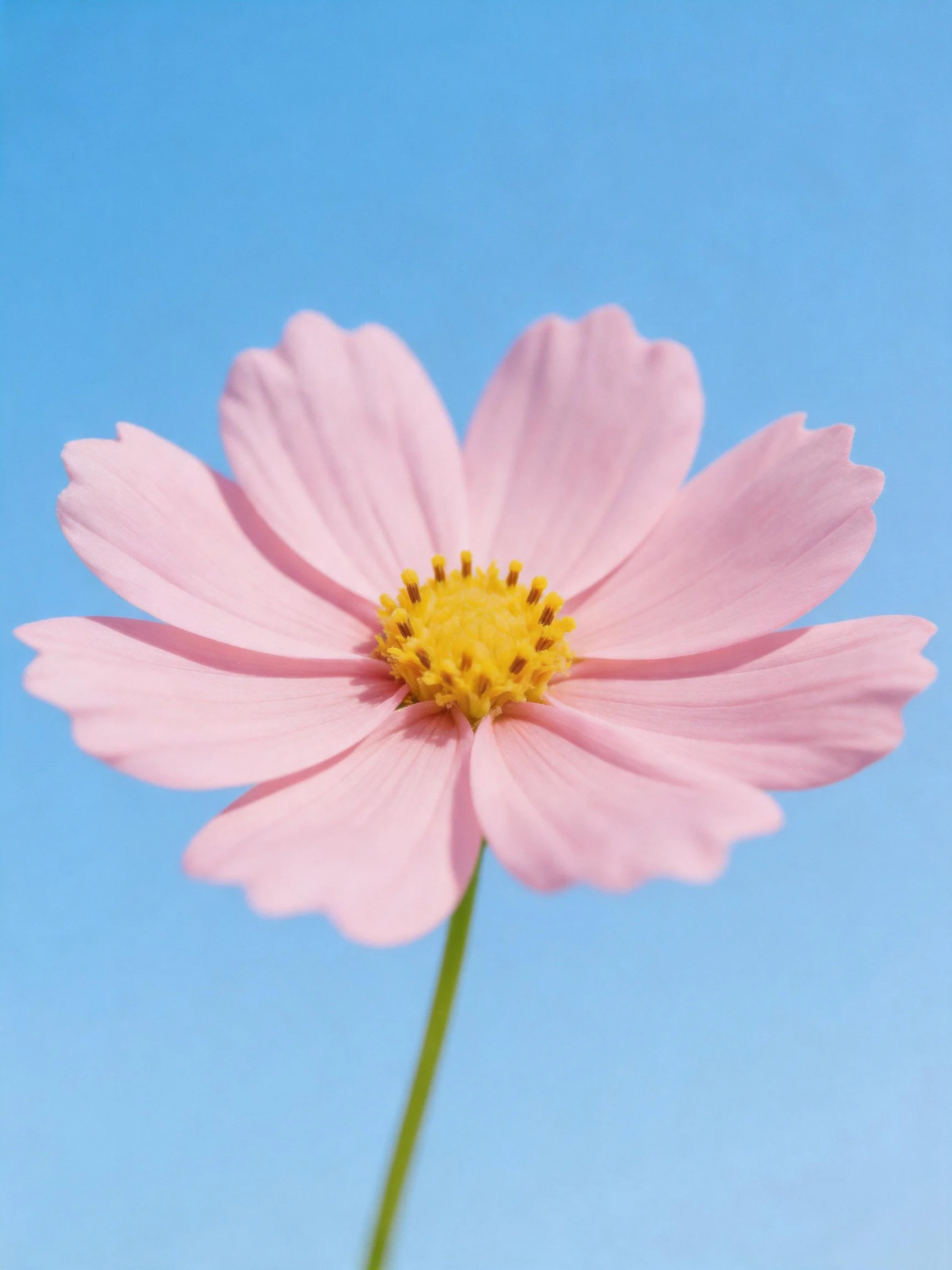 A delicate pink cosmos flower with a bright yellow center