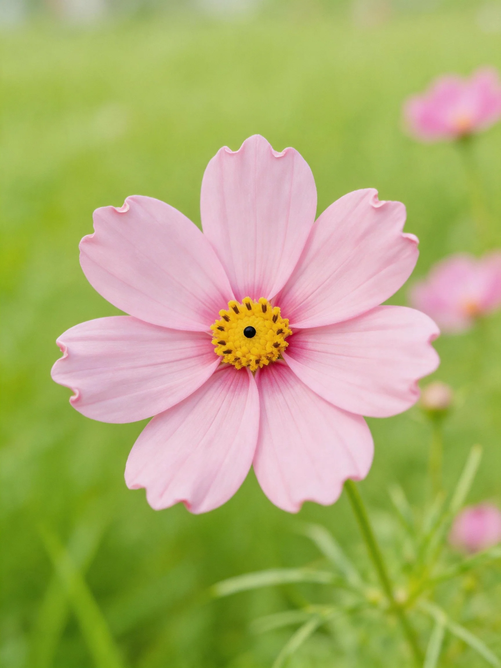 A delicate pink cosmos flower with a bright yellow center