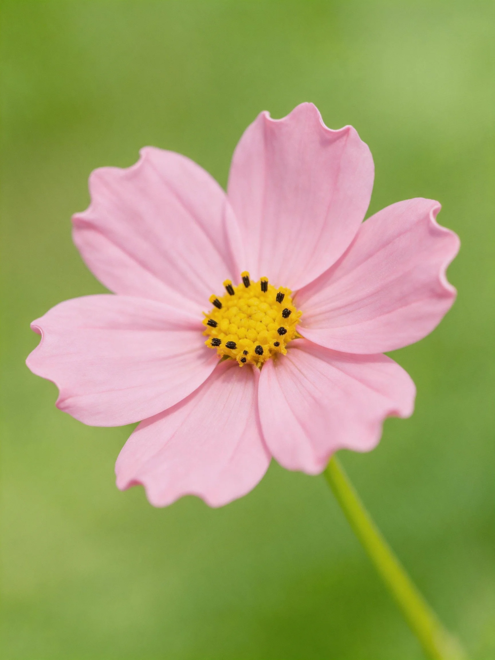 A delicate pink cosmos flower with a bright yellow center