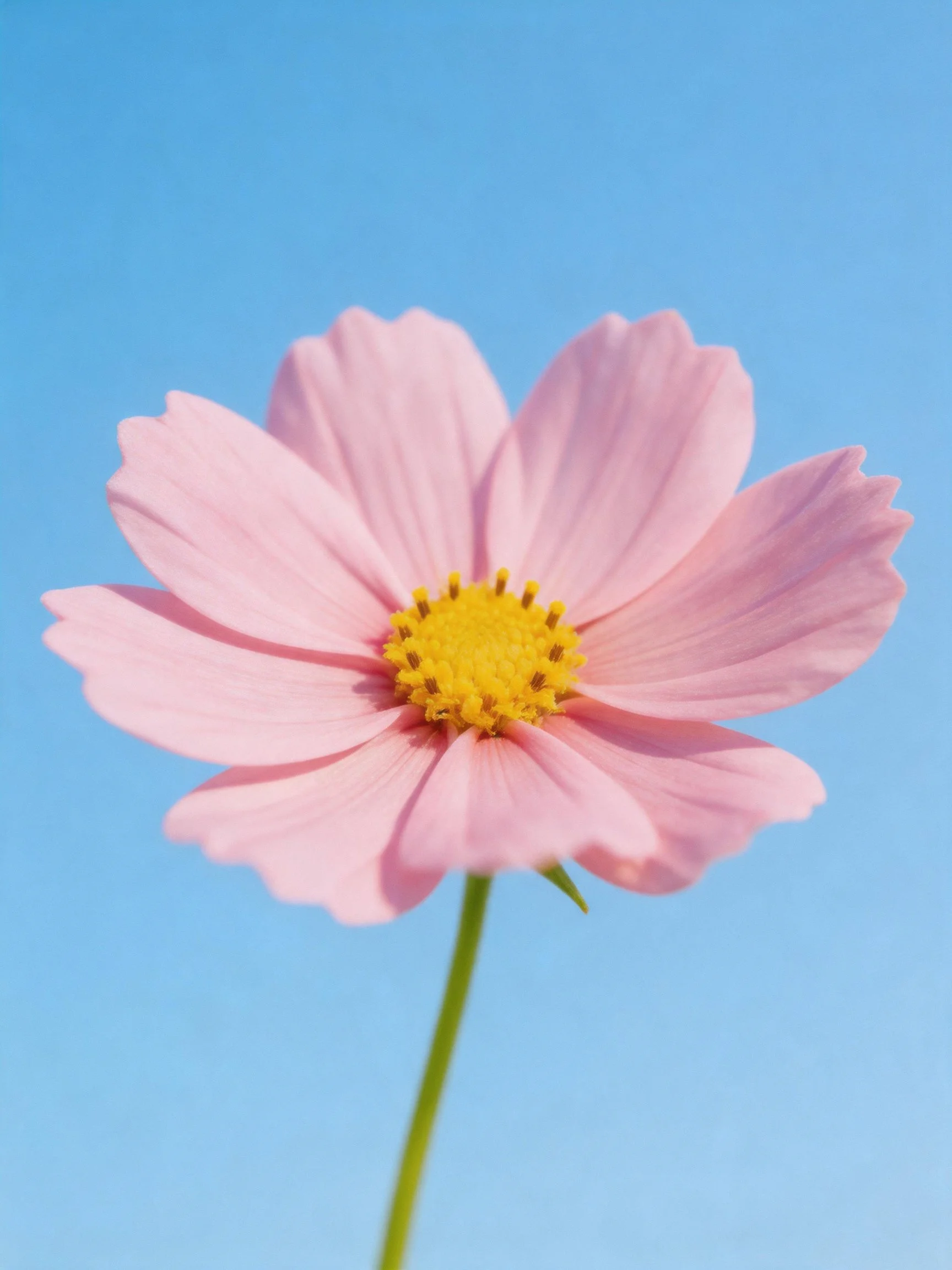 A delicate pink cosmos flower with a bright yellow center