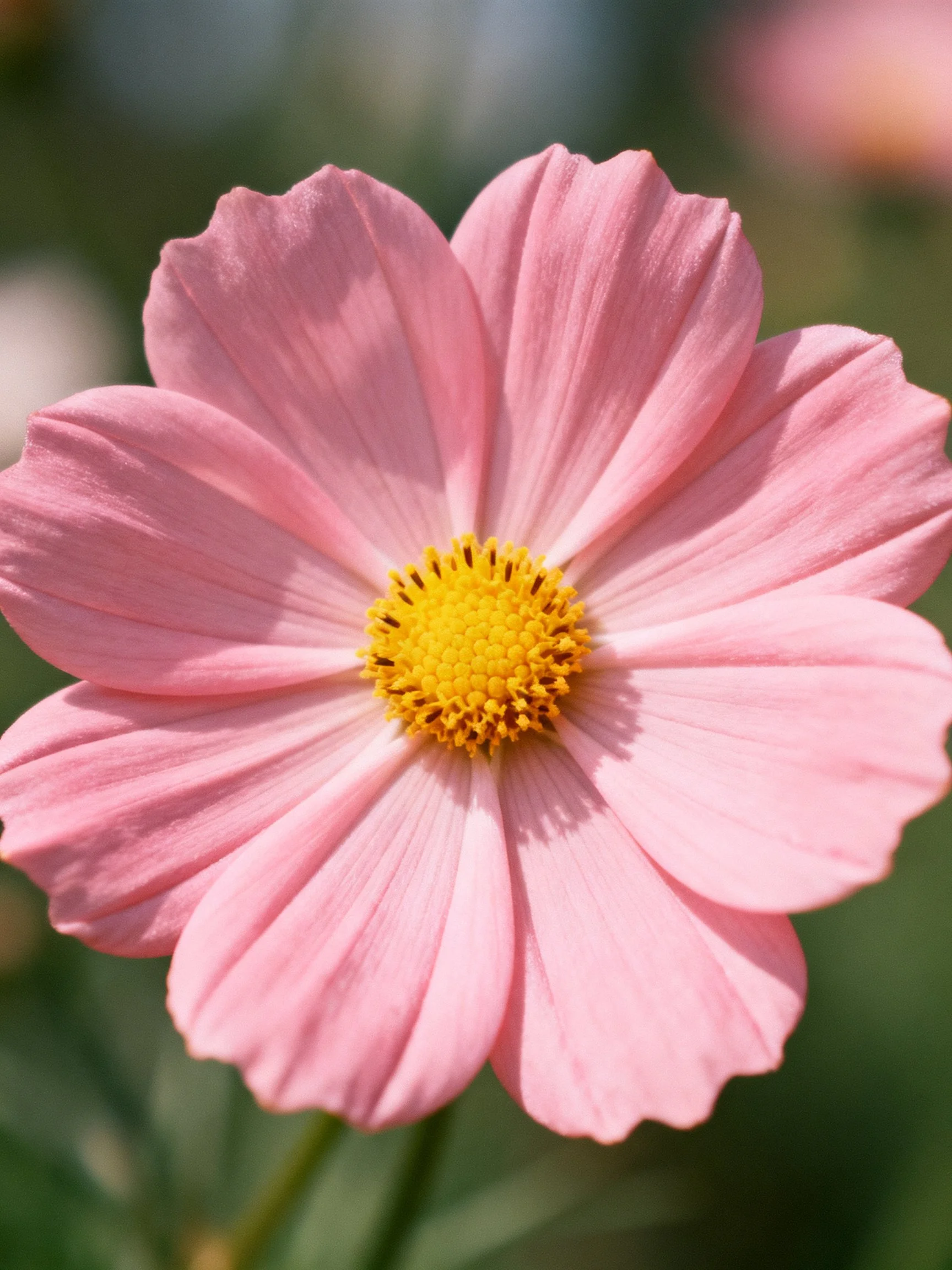 A delicate pink cosmos flower with bright yellow center