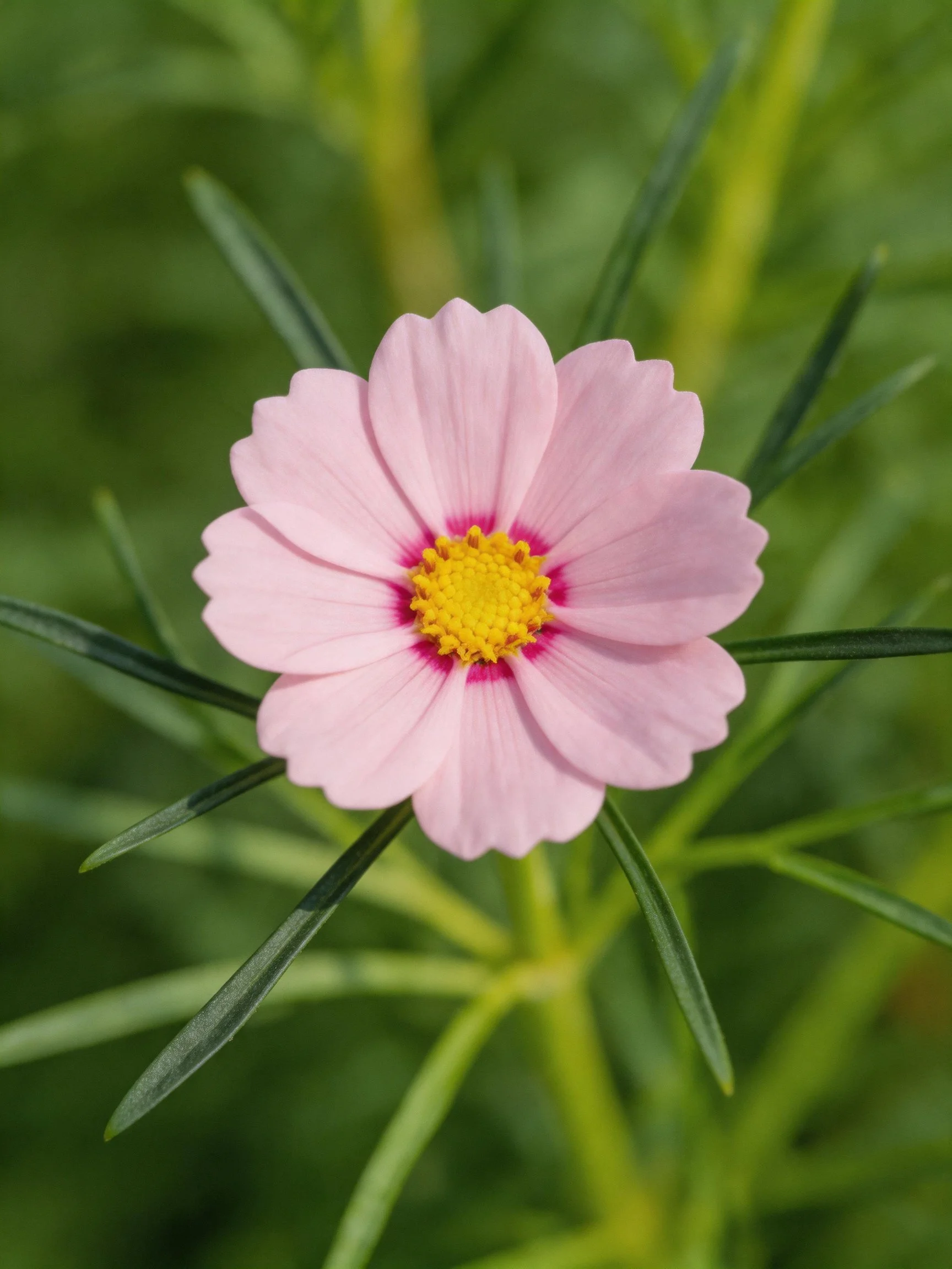A delicate pink cosmos flower with yellow center amid green foliage