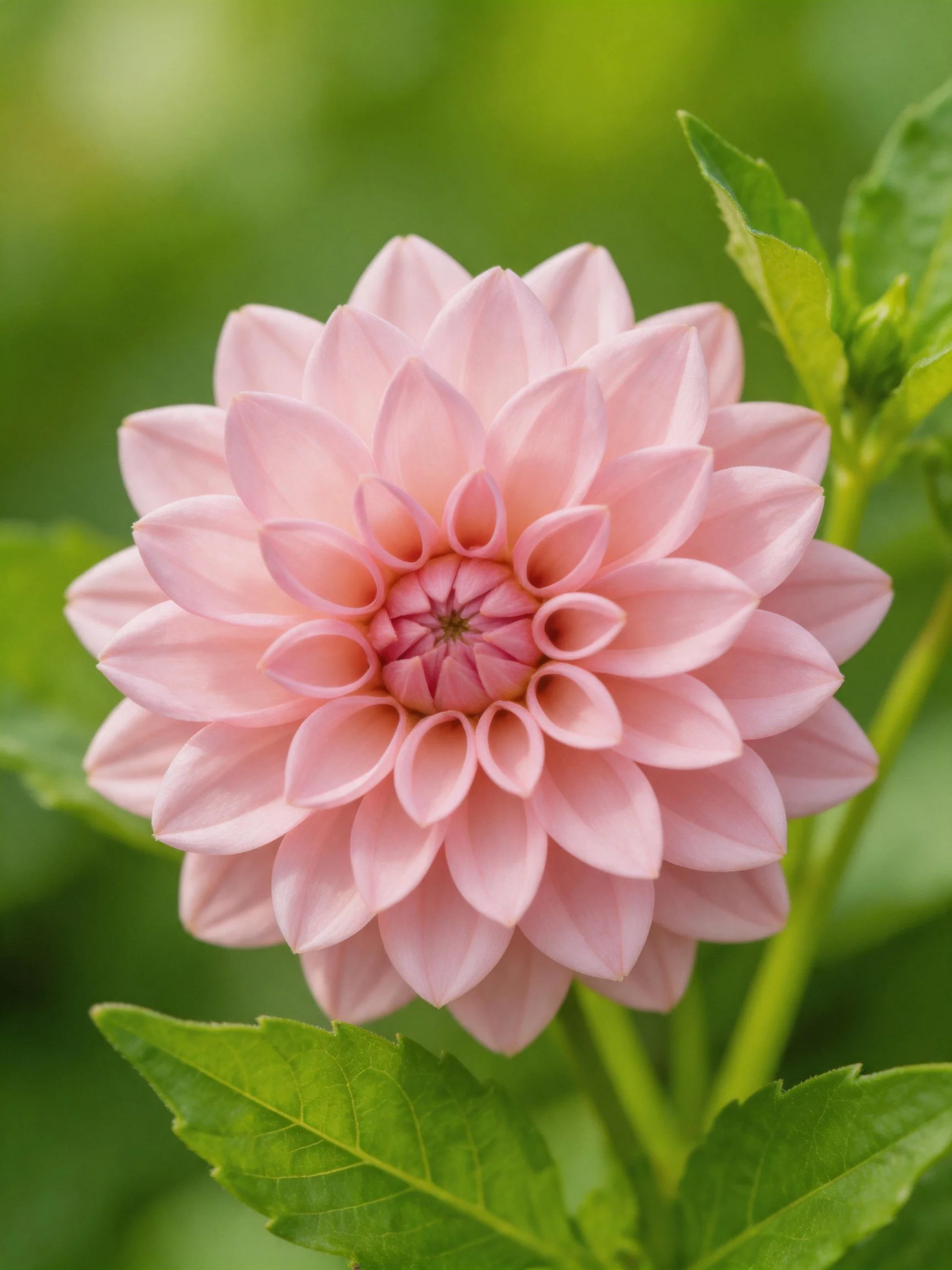 A delicate pink dahlia bloom with vibrant green foliage
