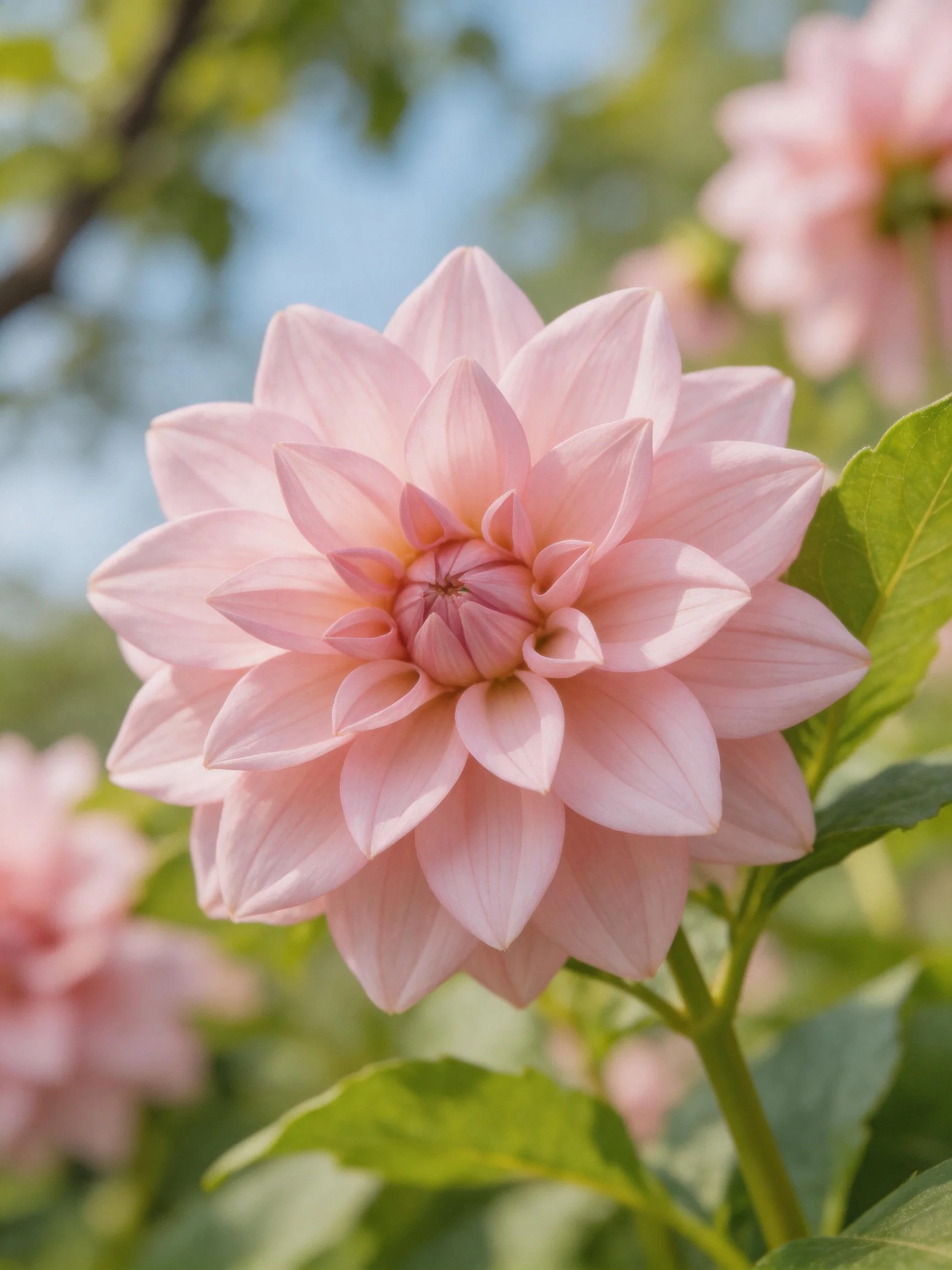 A delicate pink dahlia blooms among green foliage and soft light
