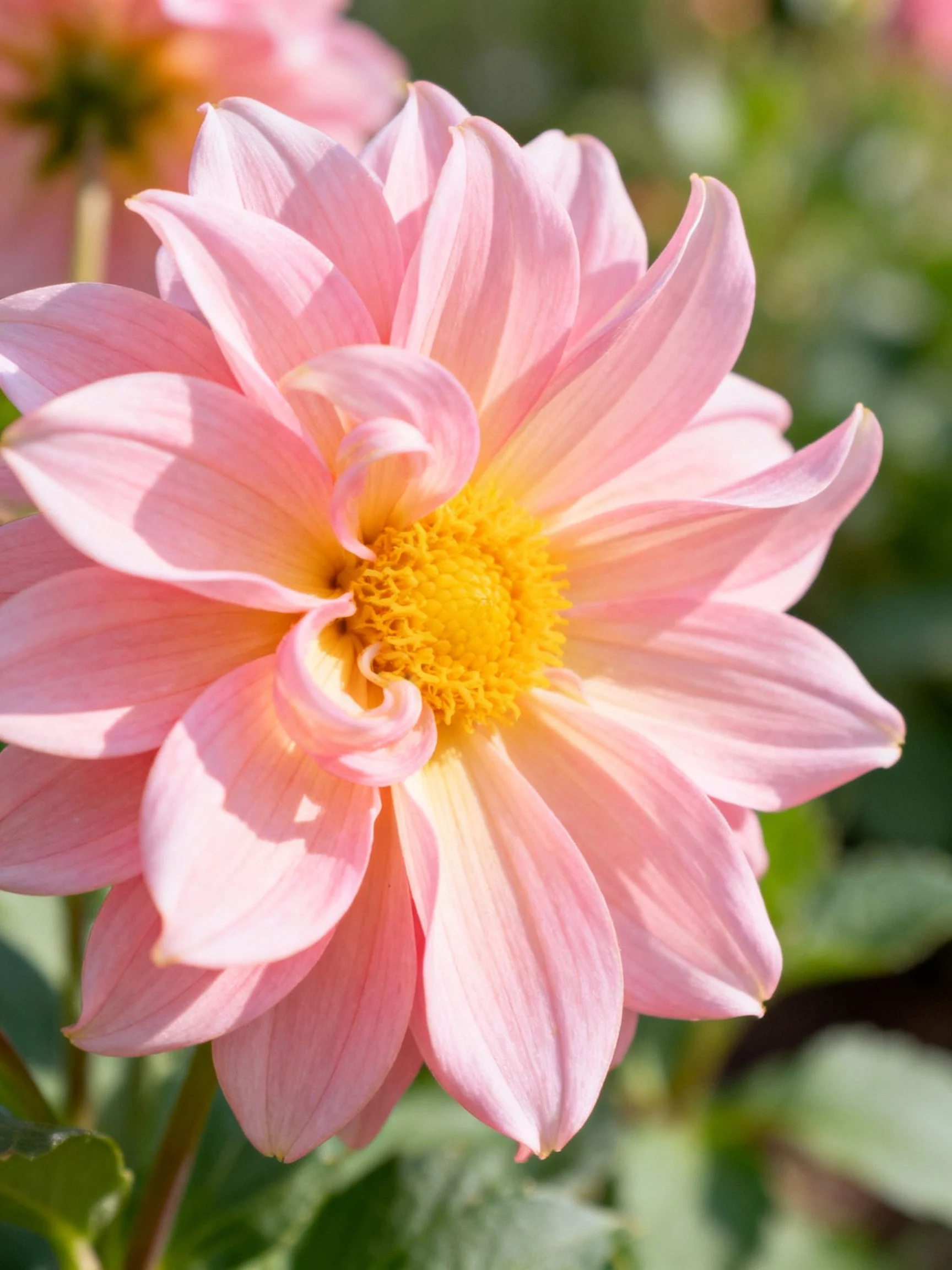 A delicate pink dahlia with a vibrant yellow center
