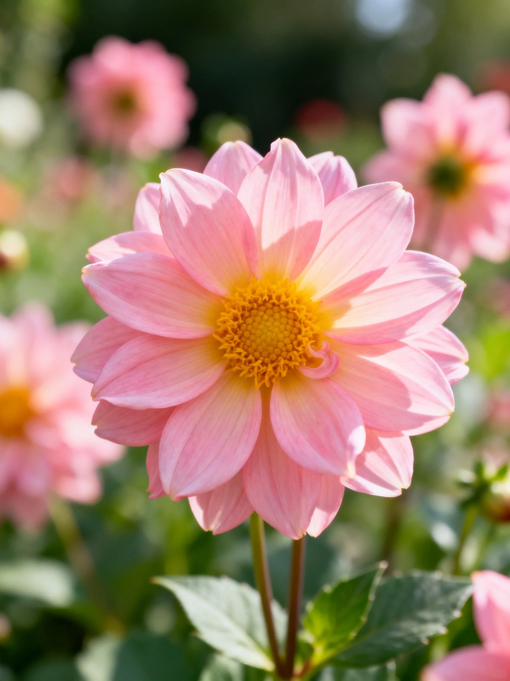 A delicate pink dahlia with golden center