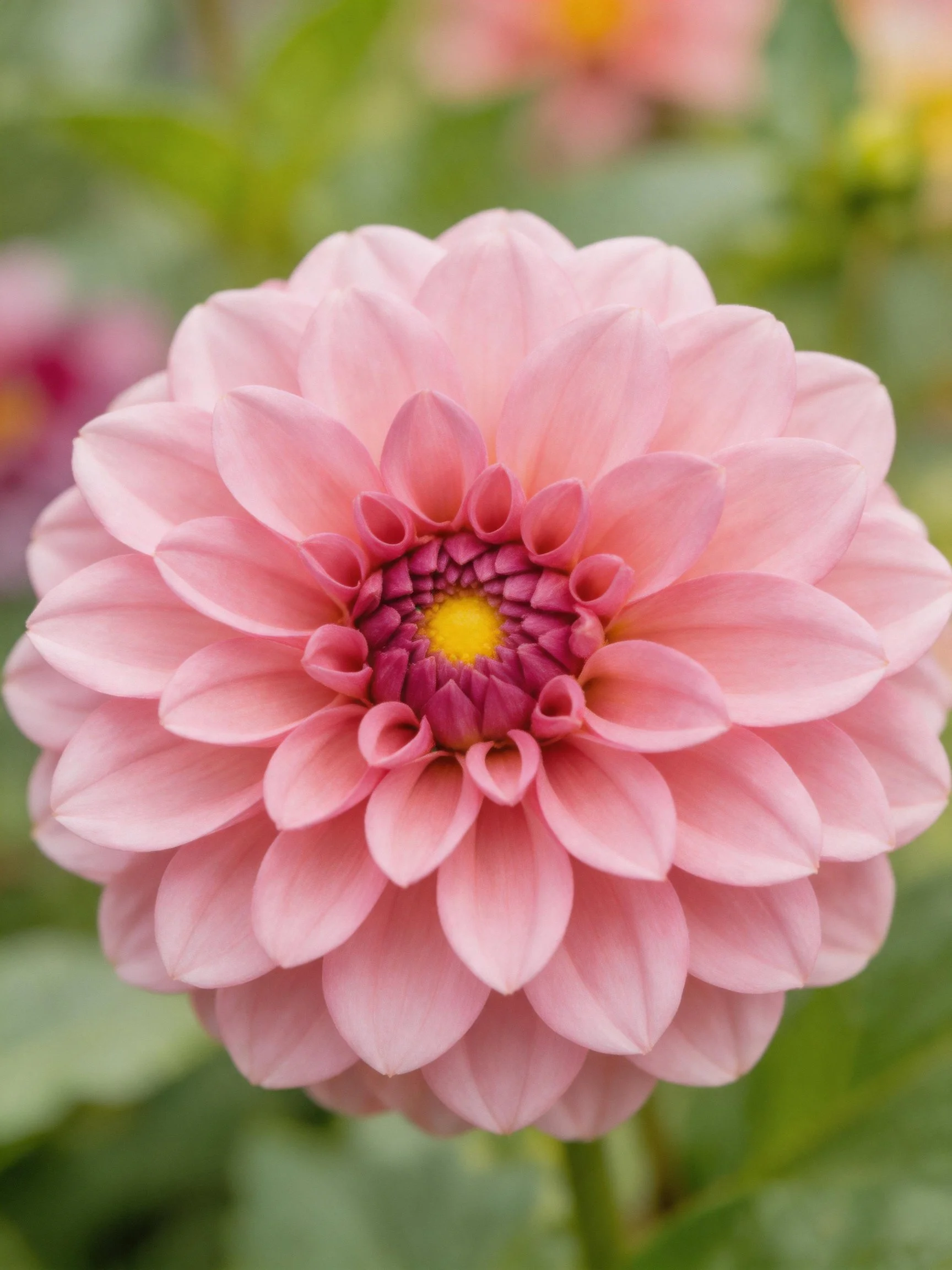 A delicate pink dahlia with layered petals and vibrant center