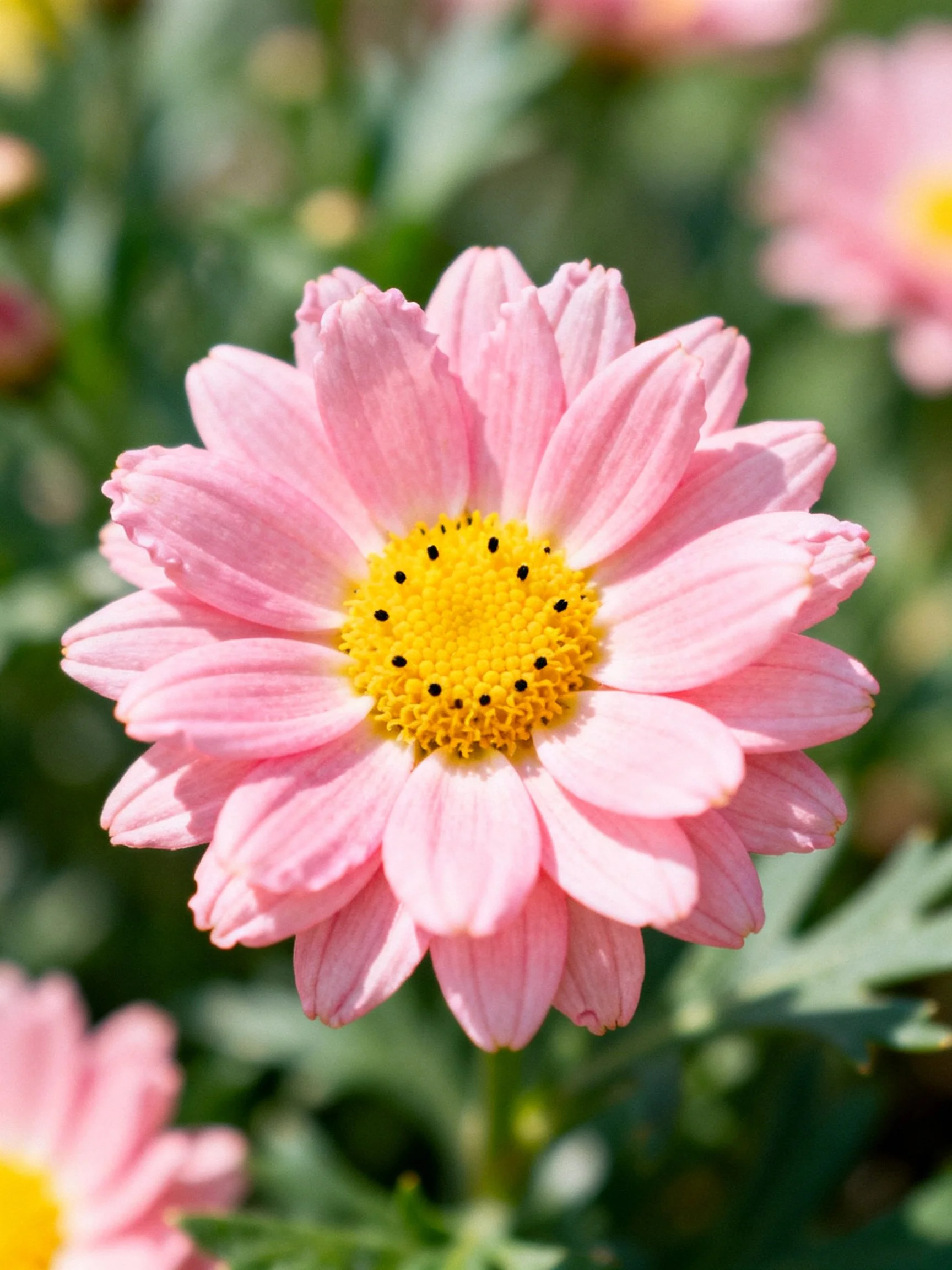 A delicate pink daisy with a bright yellow center