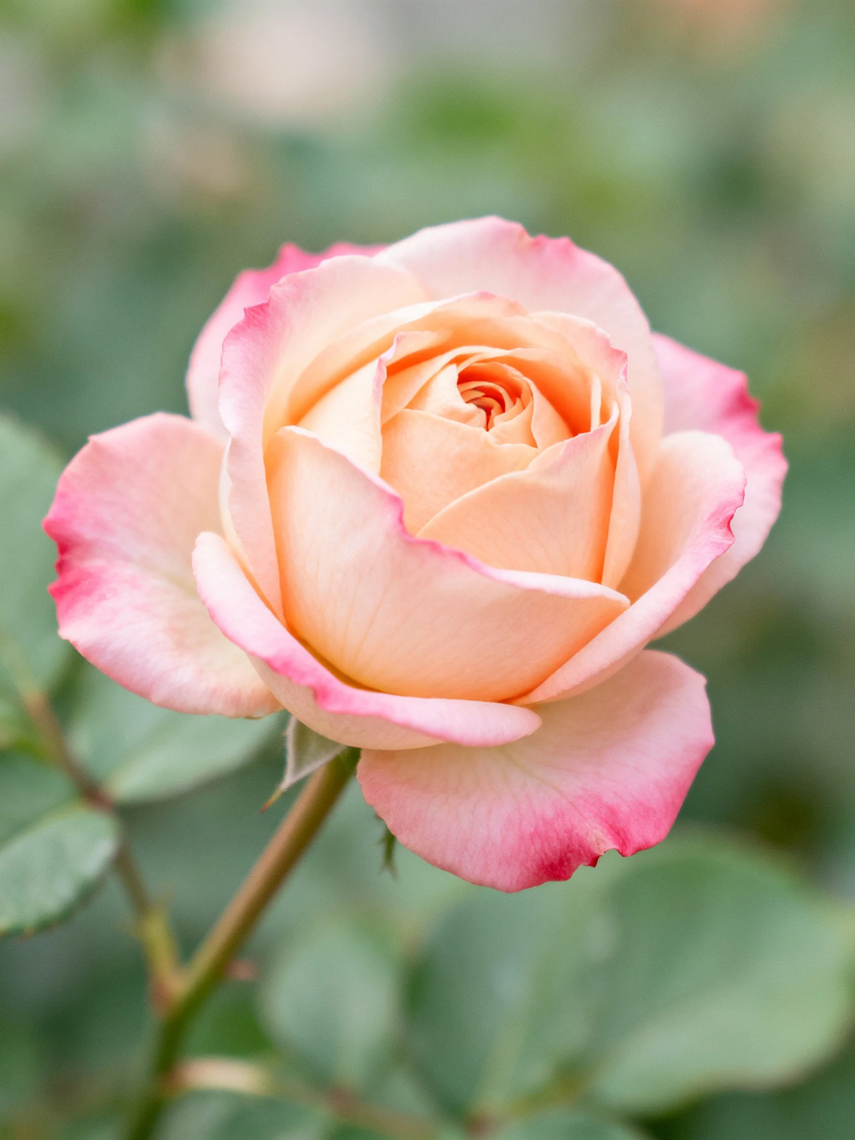 A delicate pink-edged peach rose blooming against blurred greenery