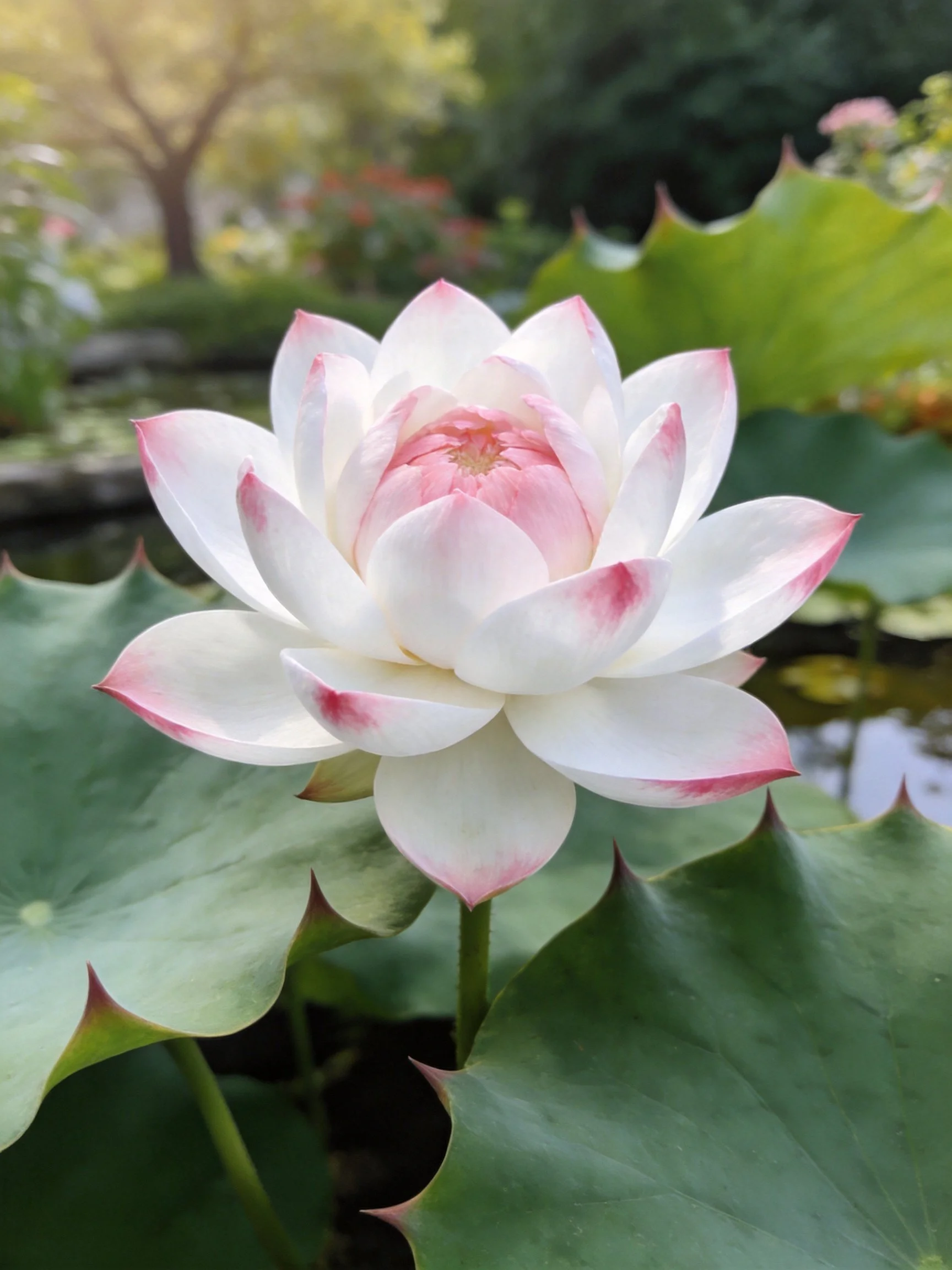 A delicate pink-edged white lotus blooms among large green lily pads
