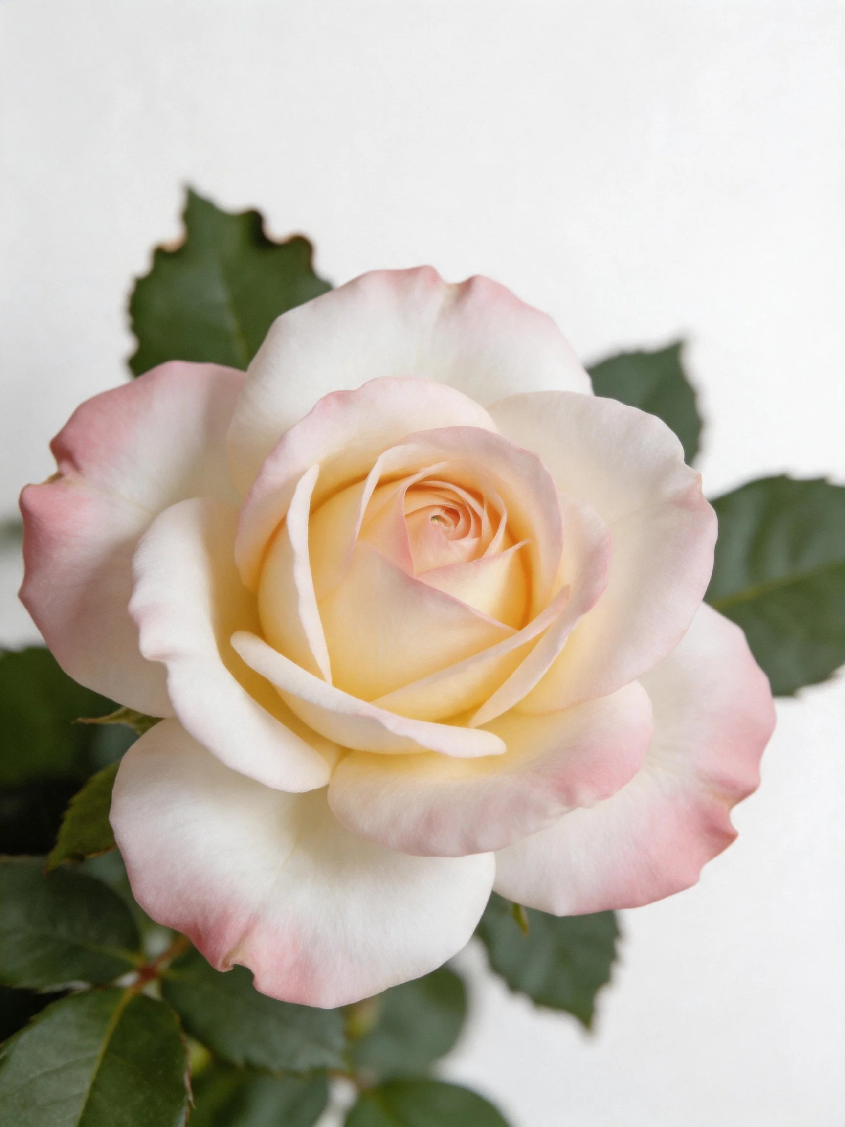 A delicate pink-edged white rose with golden center
