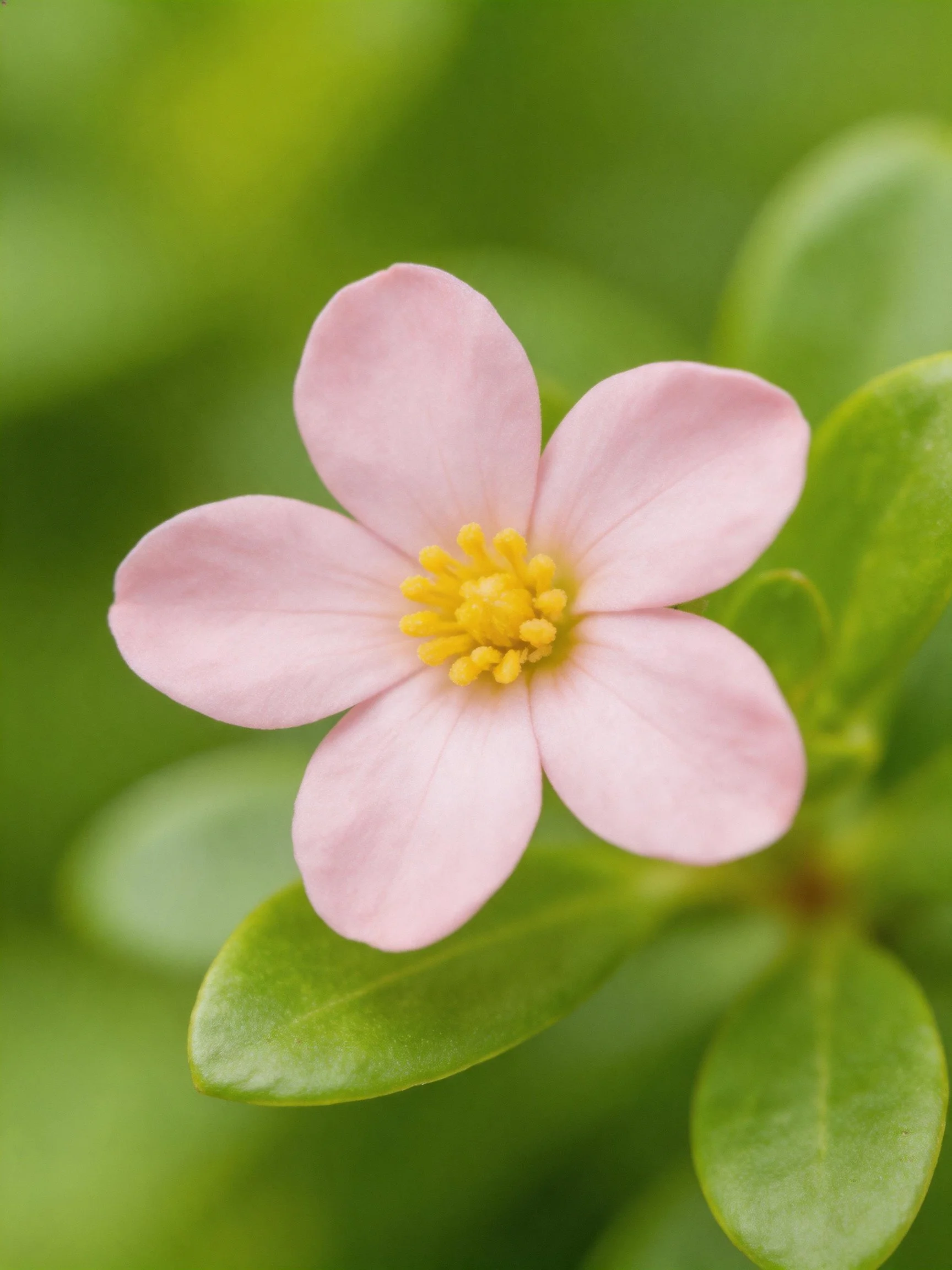 A delicate pink five - petal flower with yellow center among green leaves