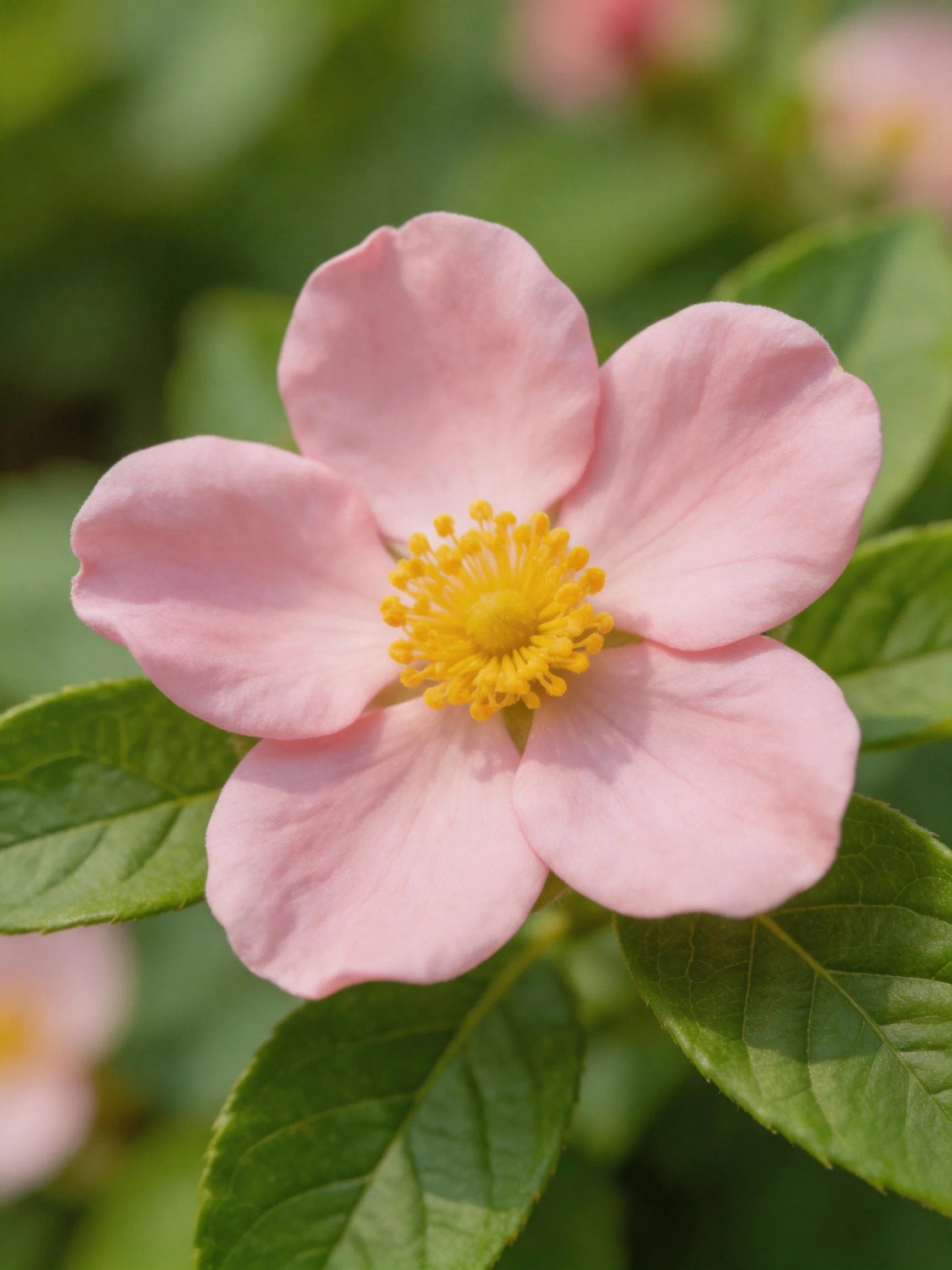 A delicate pink five - petaled flower with green leaves