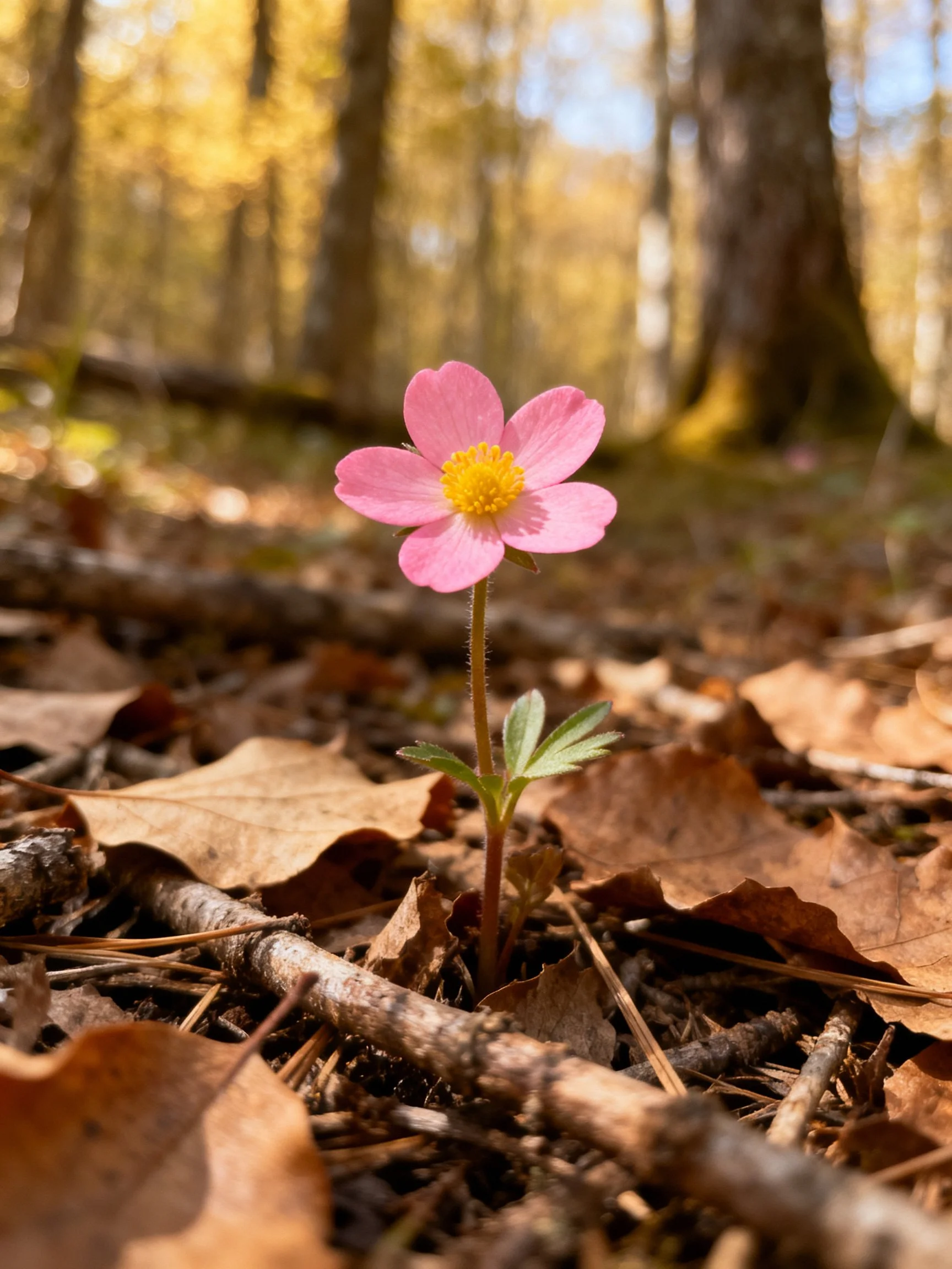 A single pink flower emerges from dry leaves and twigs in a sunlit woodland area.