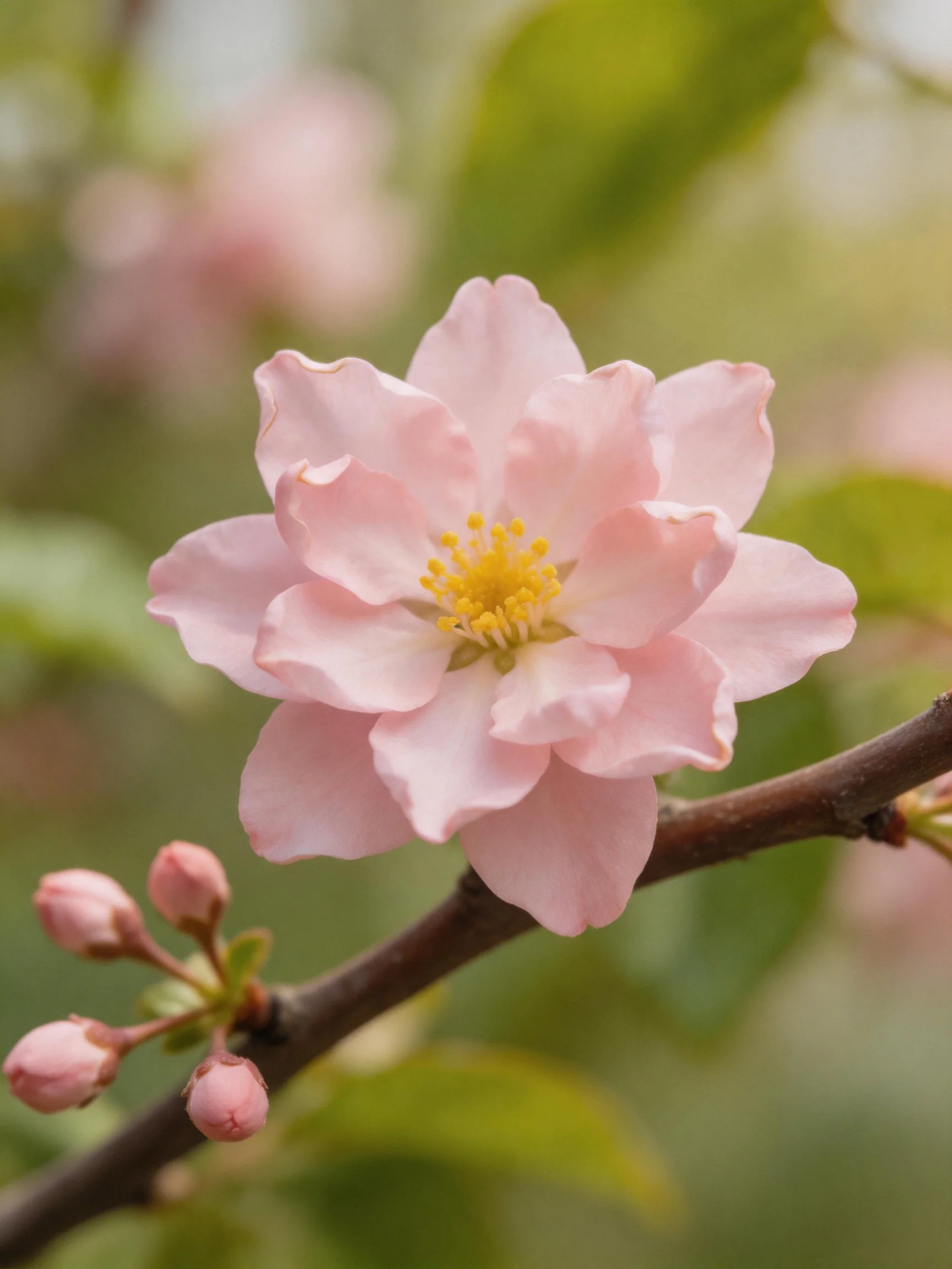 A delicate pink flower blooms on a branch with budding flowers and green leaves