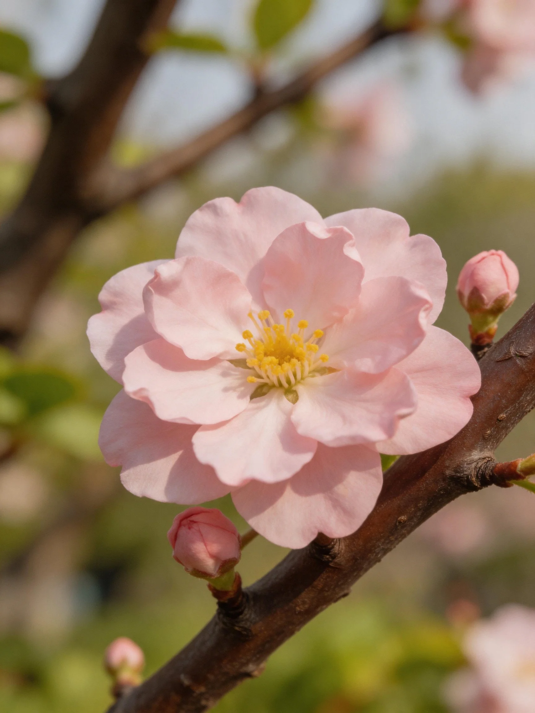 A delicate pink flower blooms on a brown branch with budding flowers