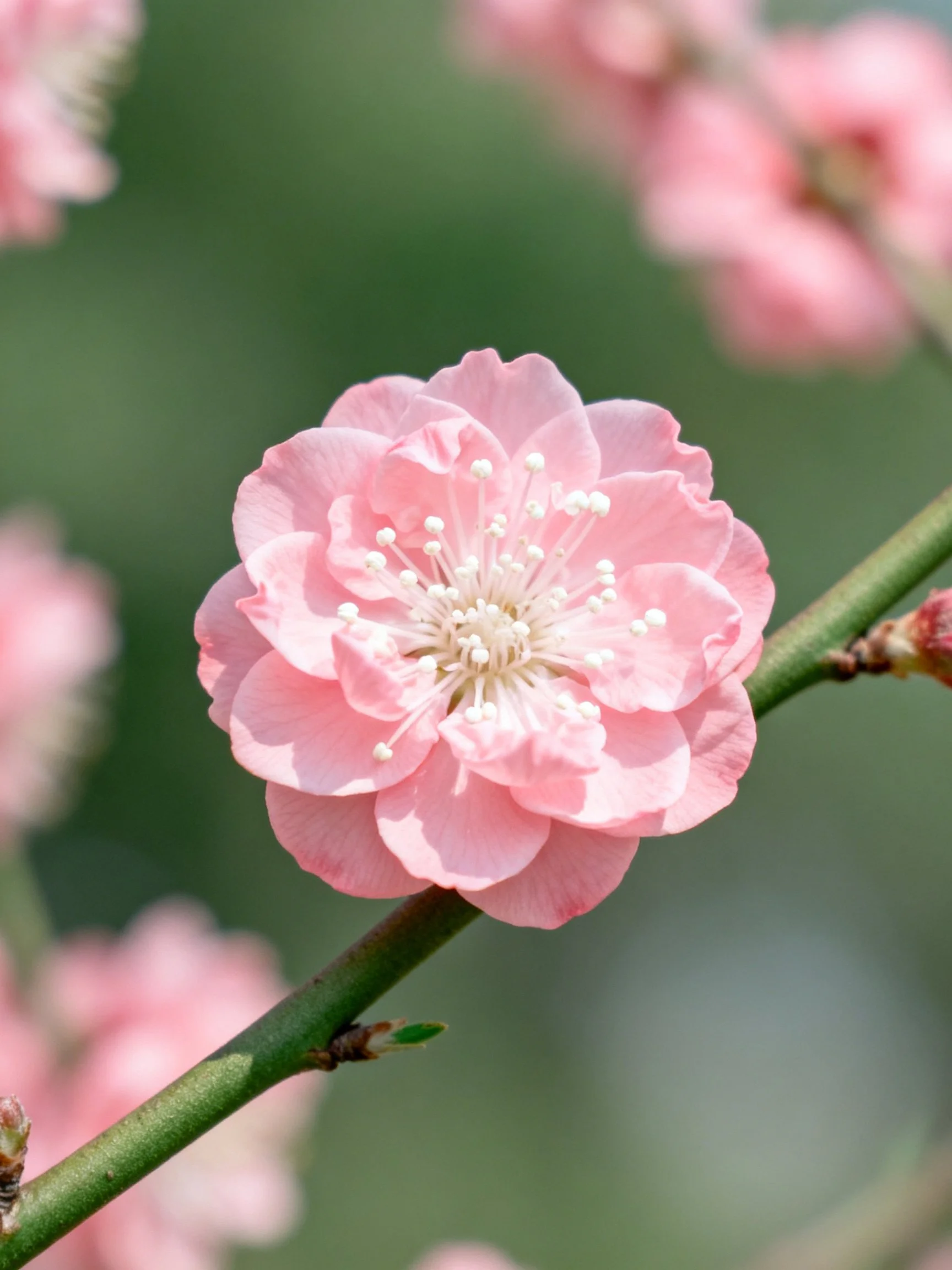 A delicate pink flower blooms on a slender green branch