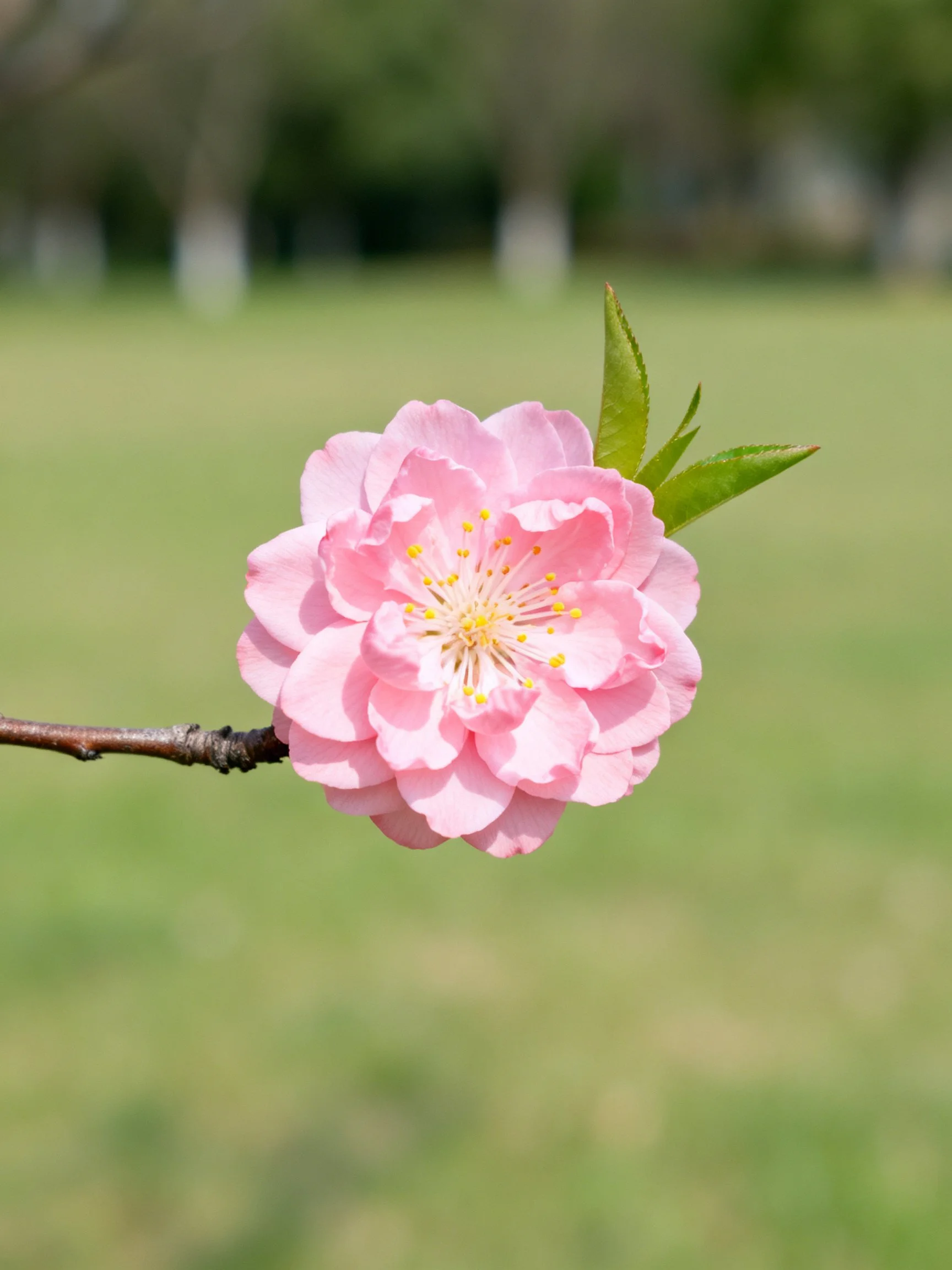 A delicate pink flower blooms on a thin brown branch