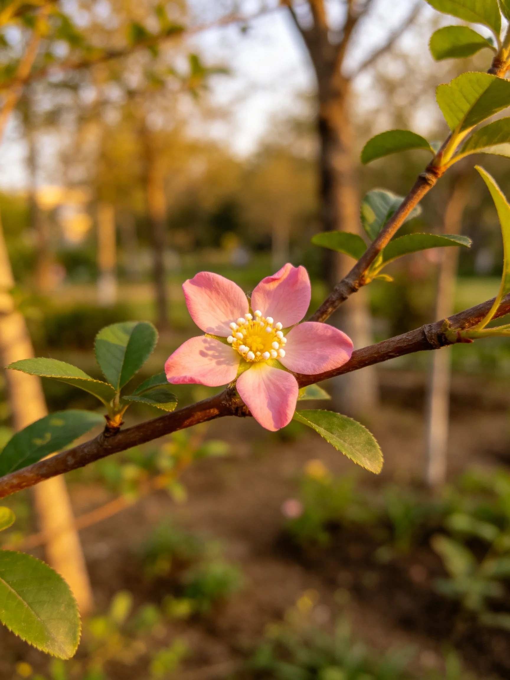 A delicate pink flower blooms on a tree branch in sunlit surroundings.