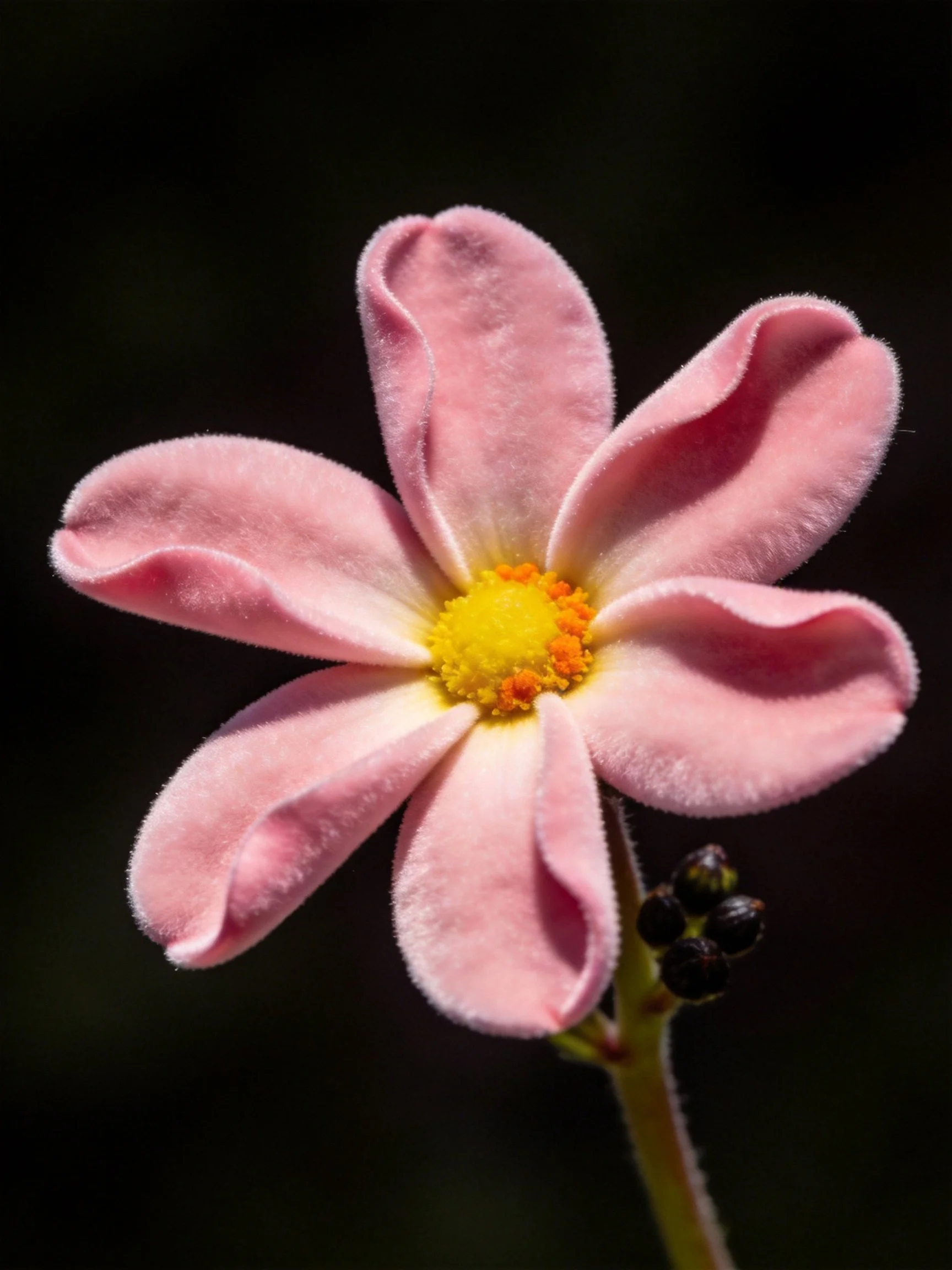 A delicate pink flower with a bright yellow center and dark buds