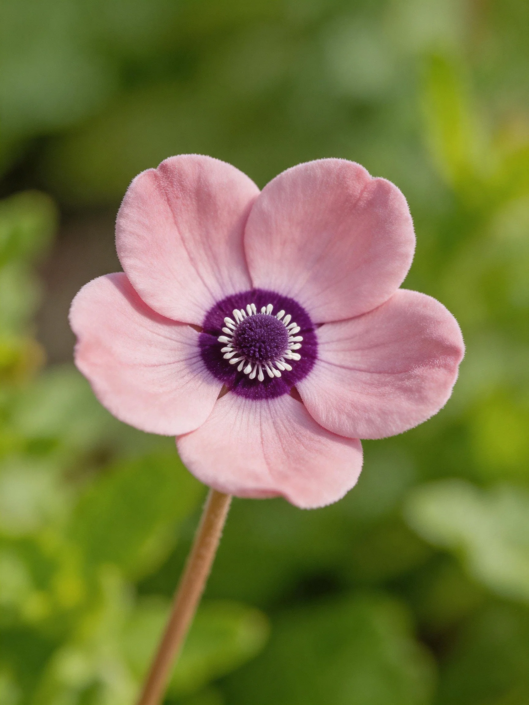 A delicate pink flower with a dark purple central disc