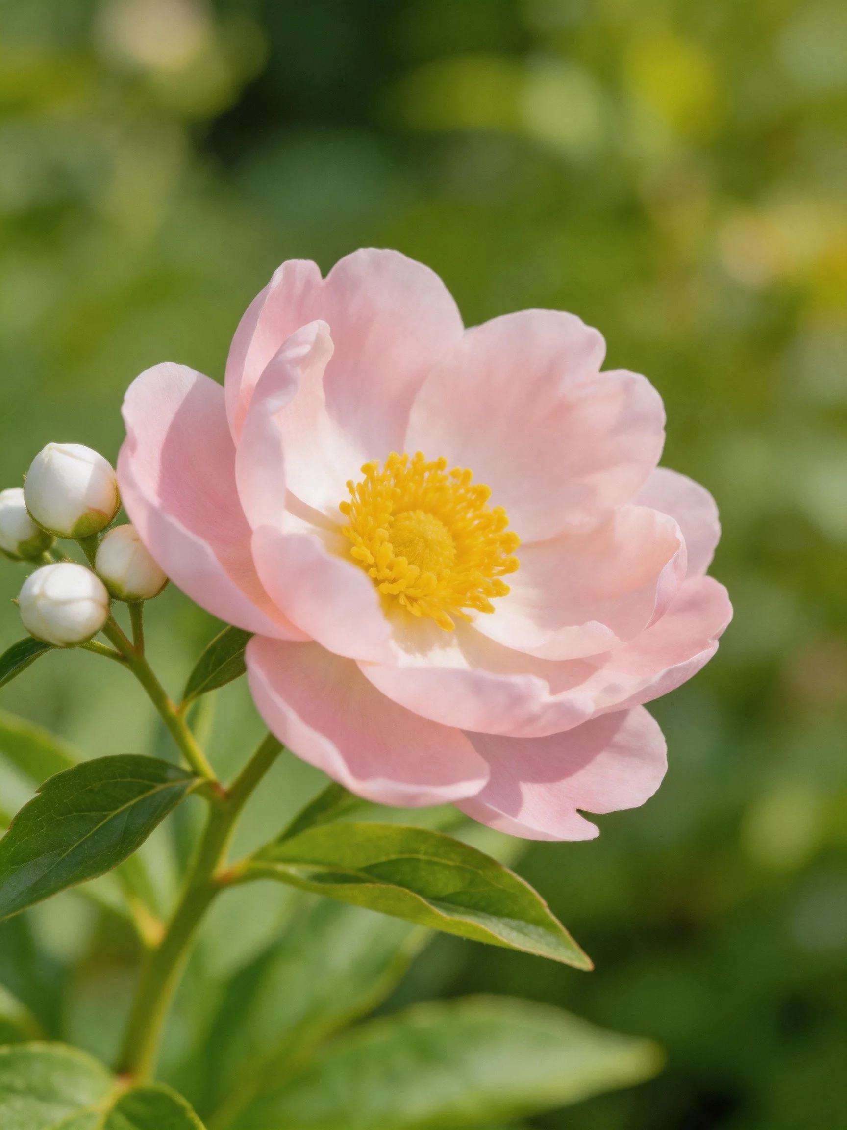 A delicate pink flower with a yellow center near white buds and green leaves