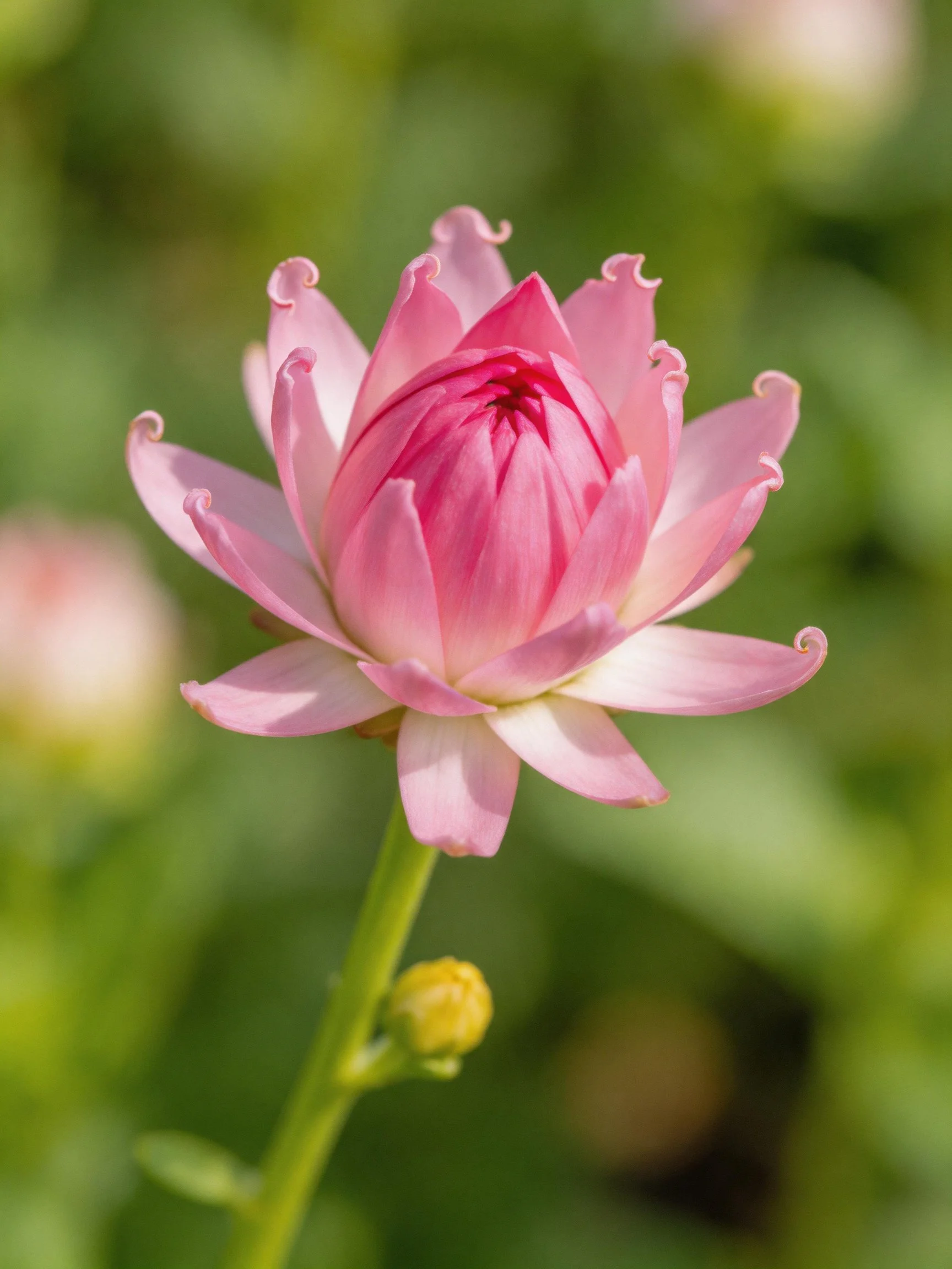 A delicate pink flower with curled petals and a yellow bud