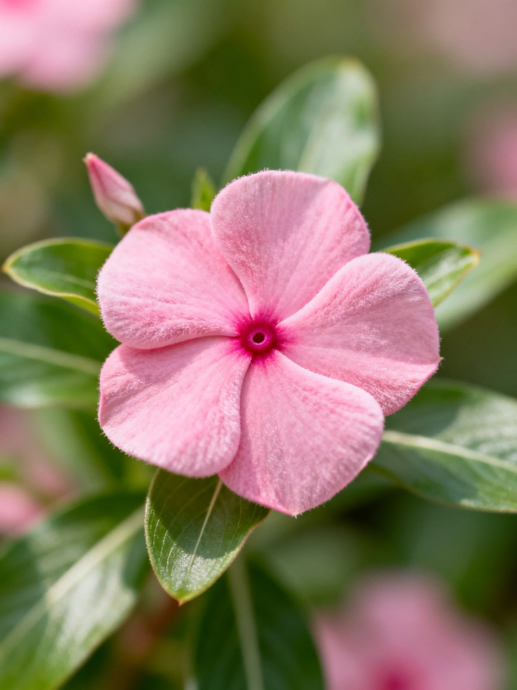 A delicate pink flower with five petals and lush green leaves