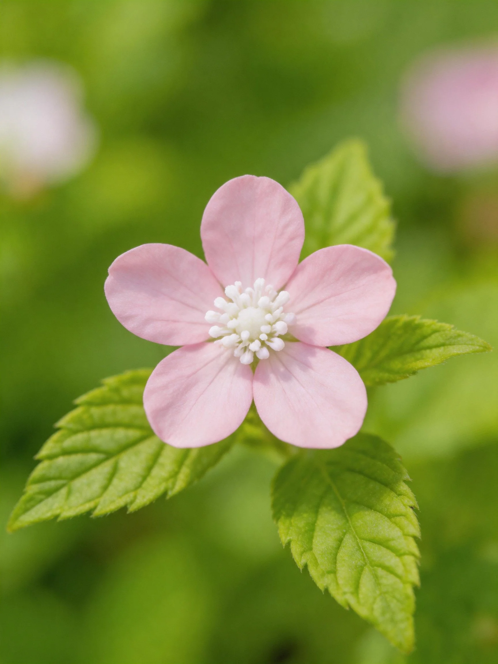 A delicate pink flower with five petals and vibrant green leaves