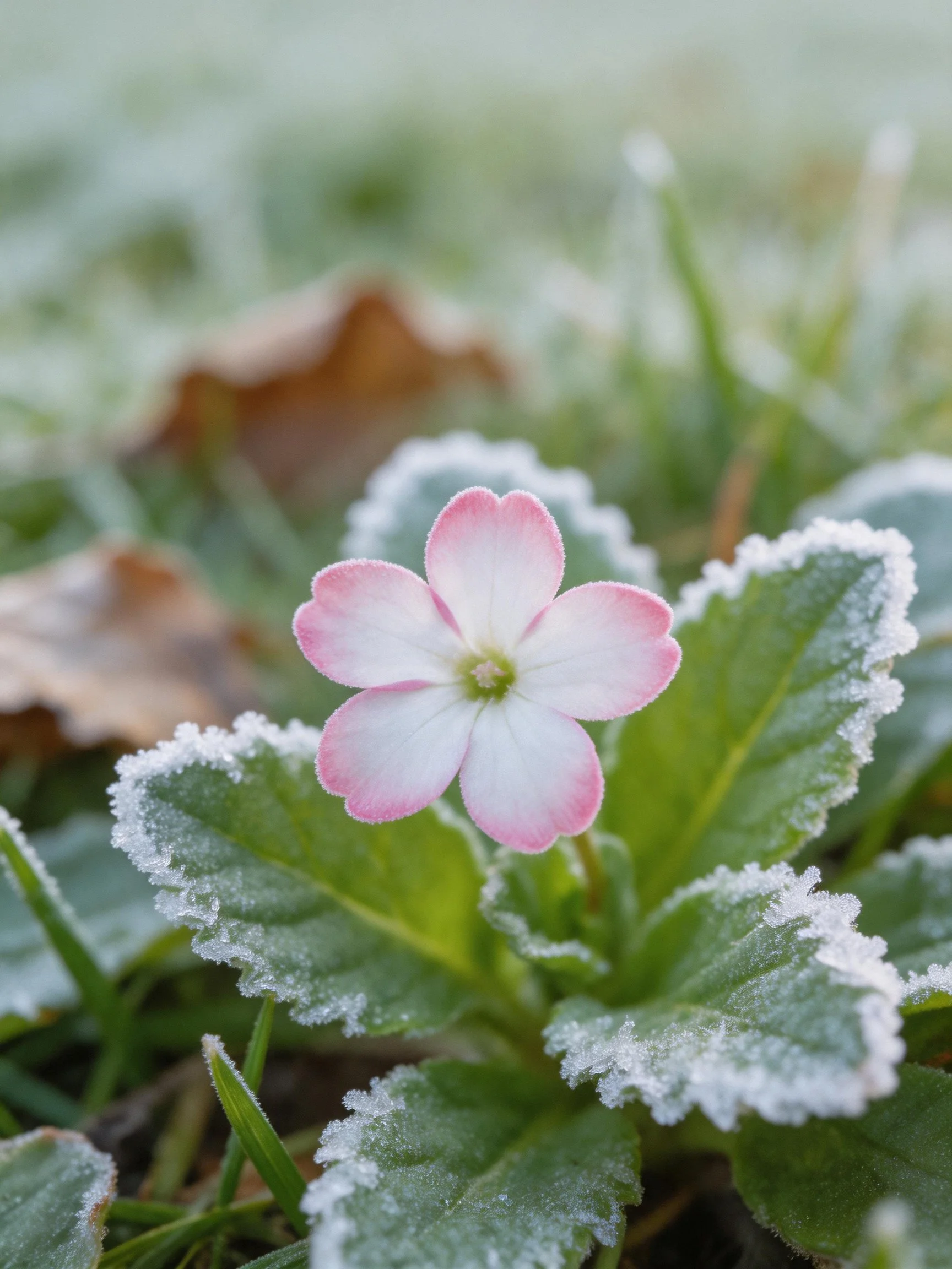 A delicate pink flower with frost-dusted green leaves