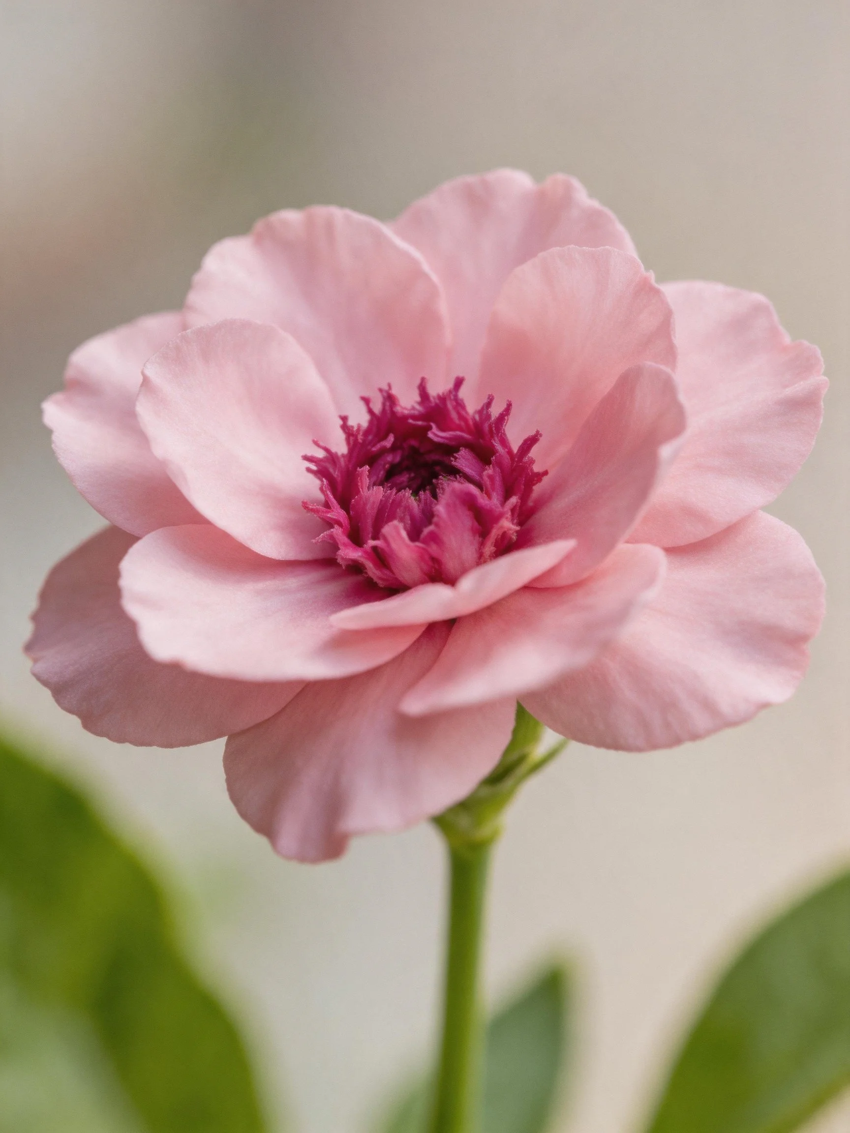 A delicate pink flower with layered petals and dark center
