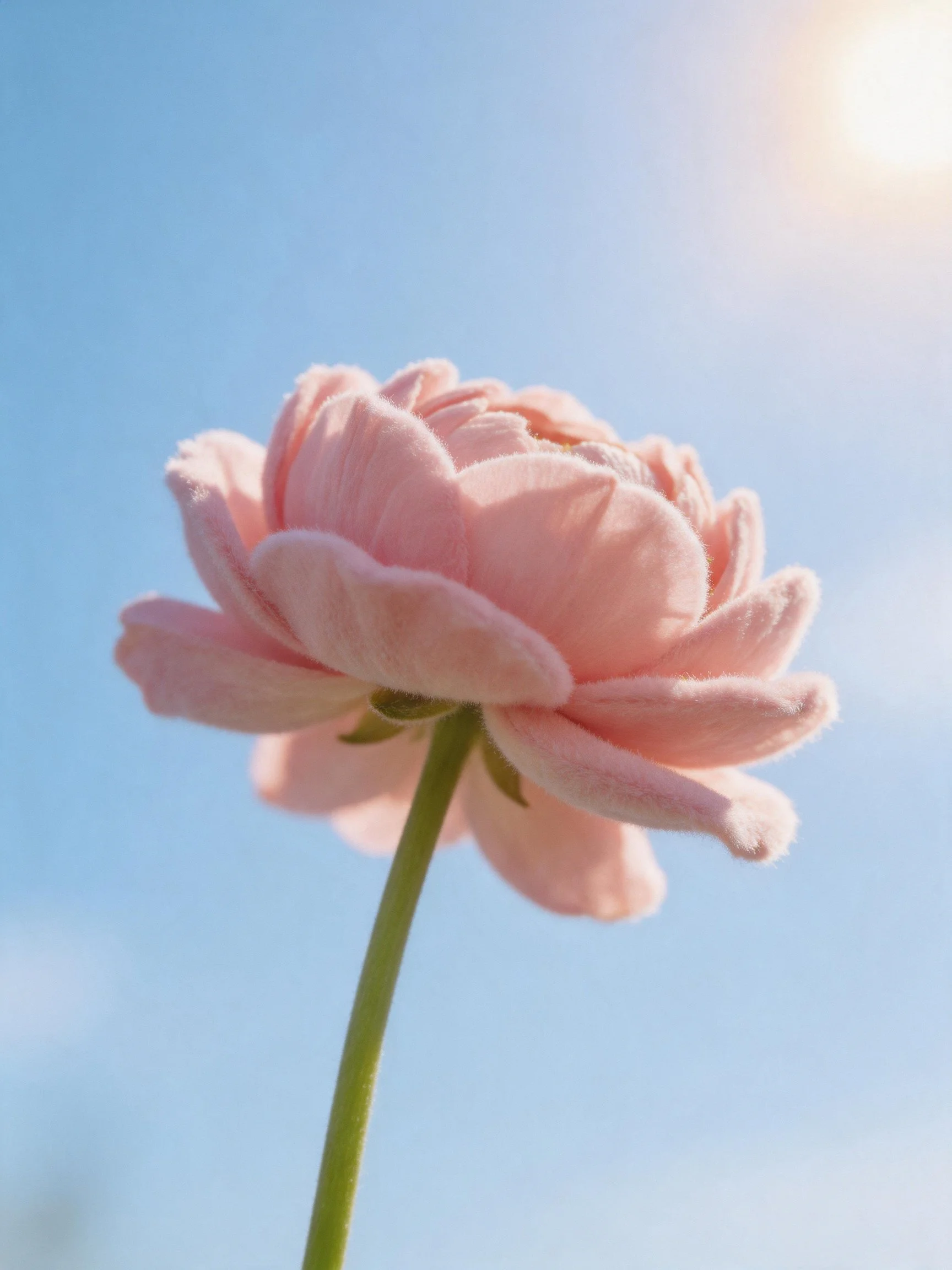 A delicate pink flower with soft petals against a bright blue sky