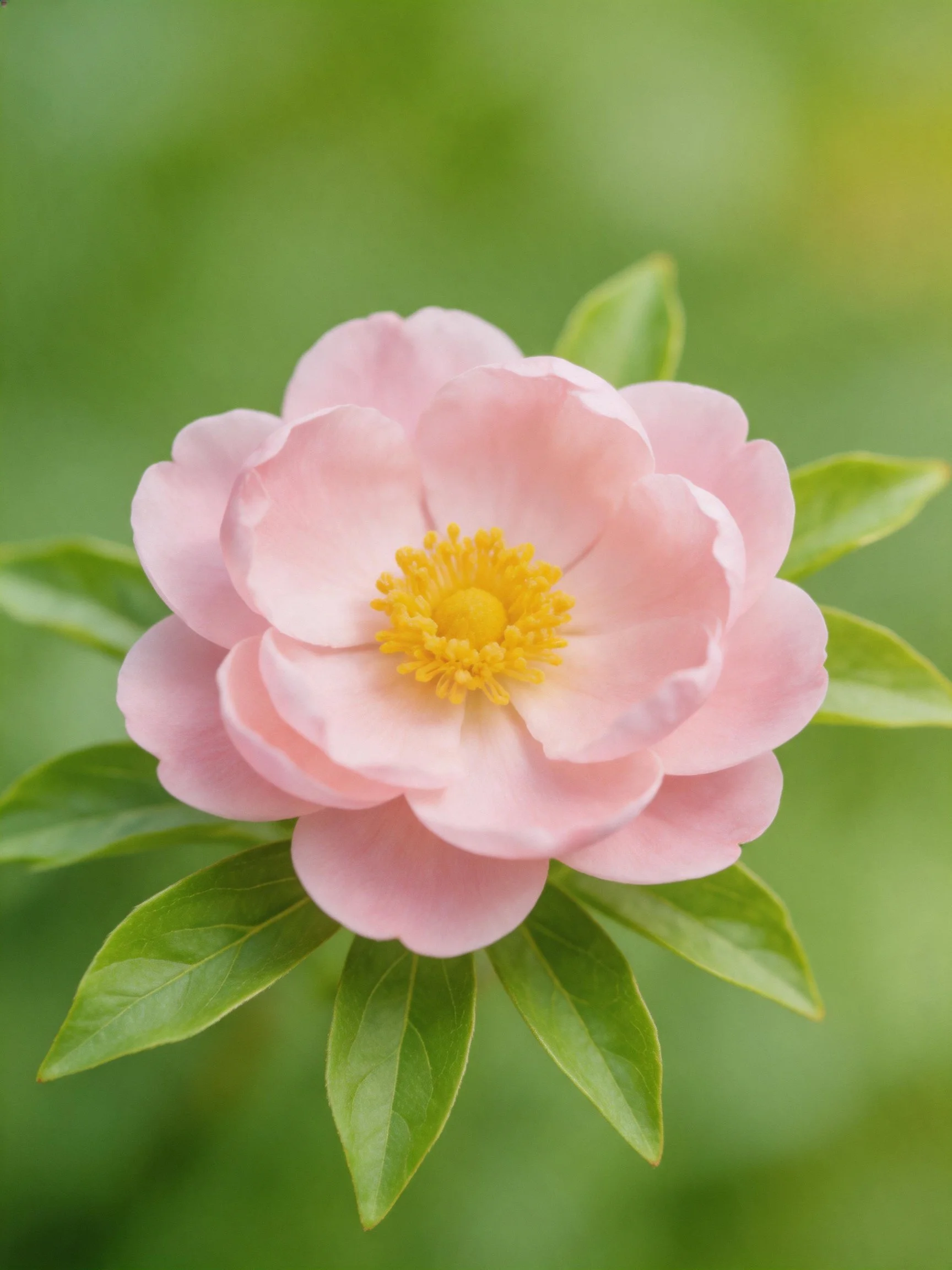 A delicate pink flower with vibrant green leaves and golden center