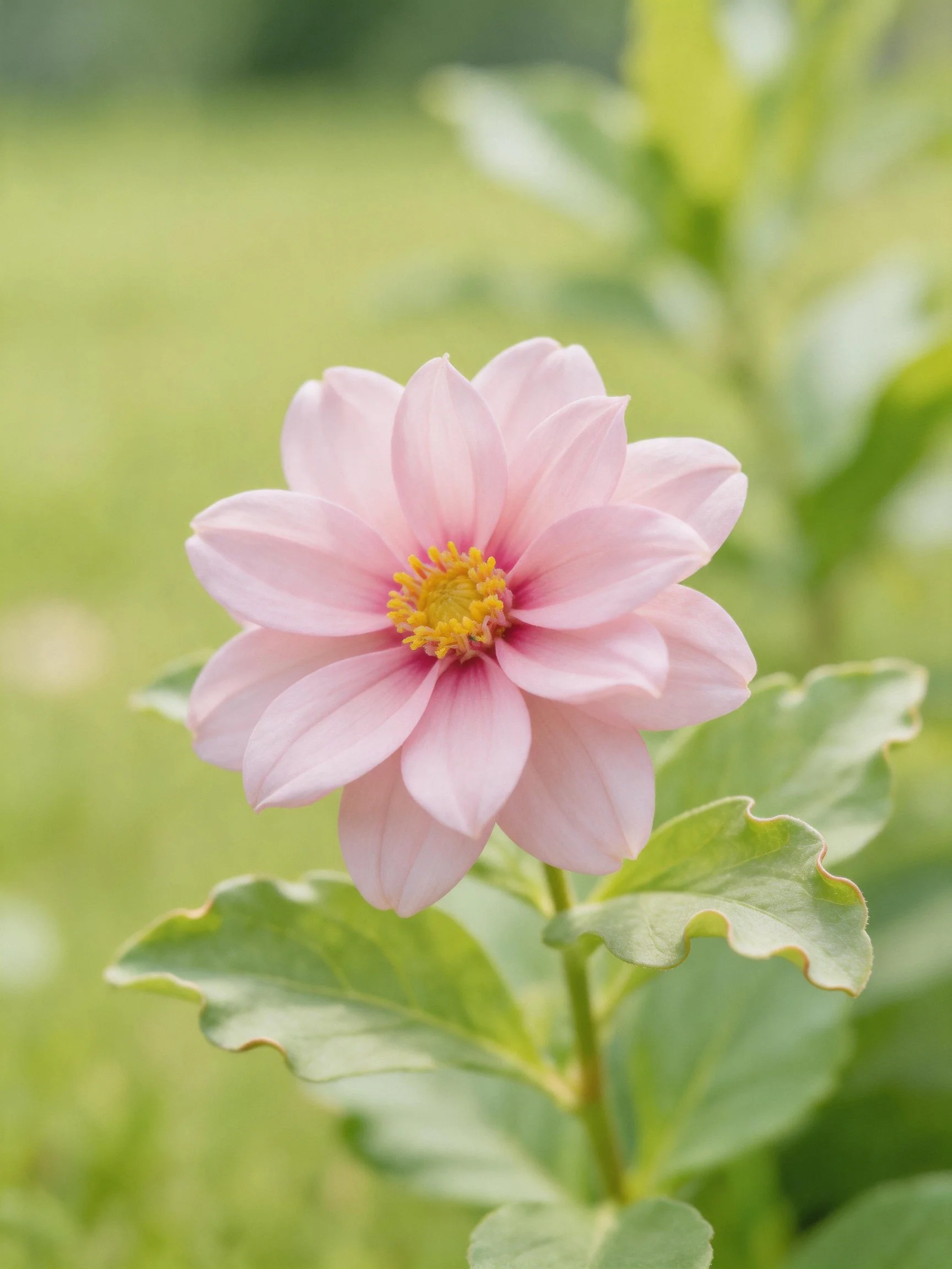 A delicate pink flower with yellow center amid soft green foliage