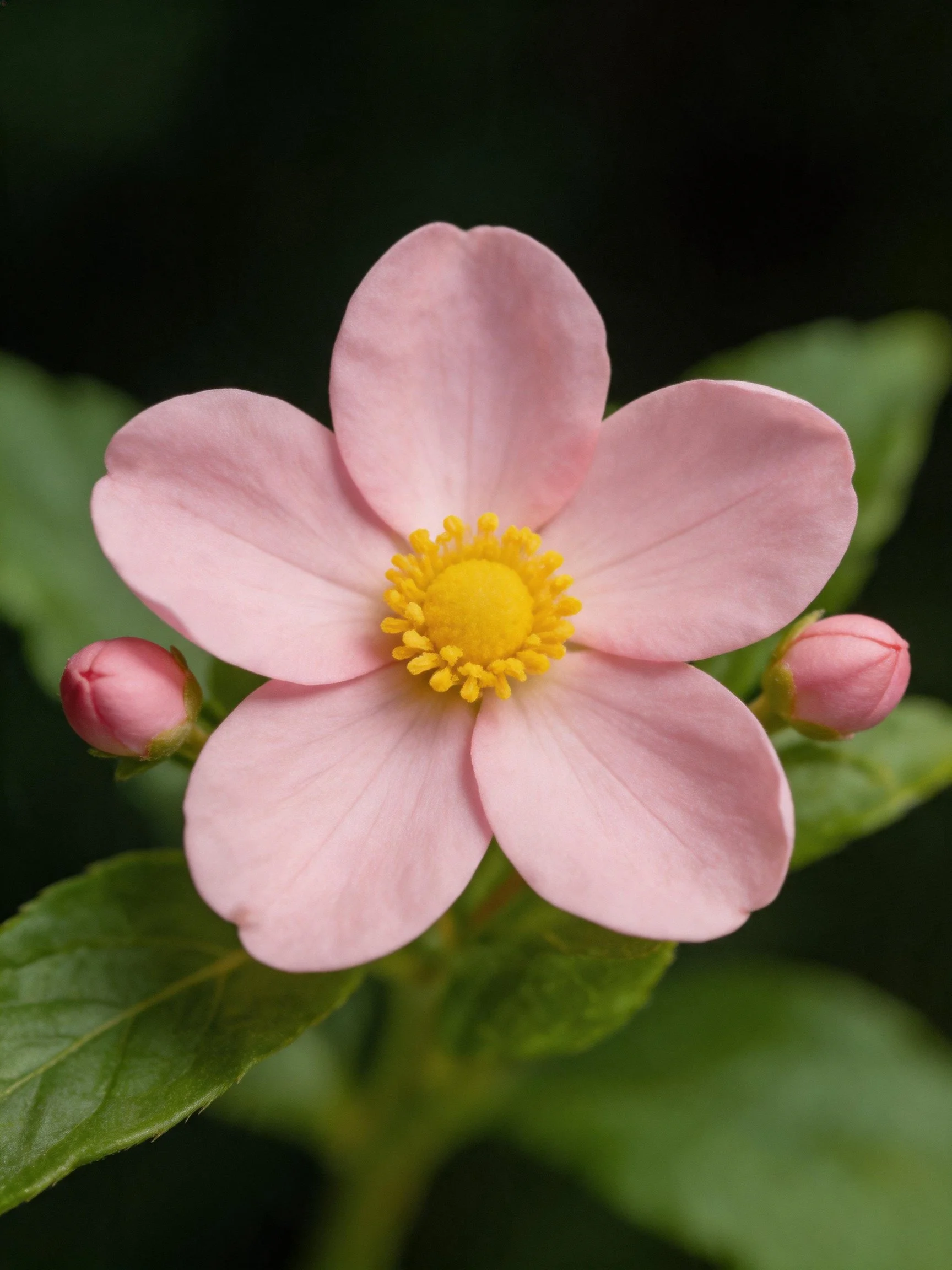 A delicate pink flower with yellow center and green leaves