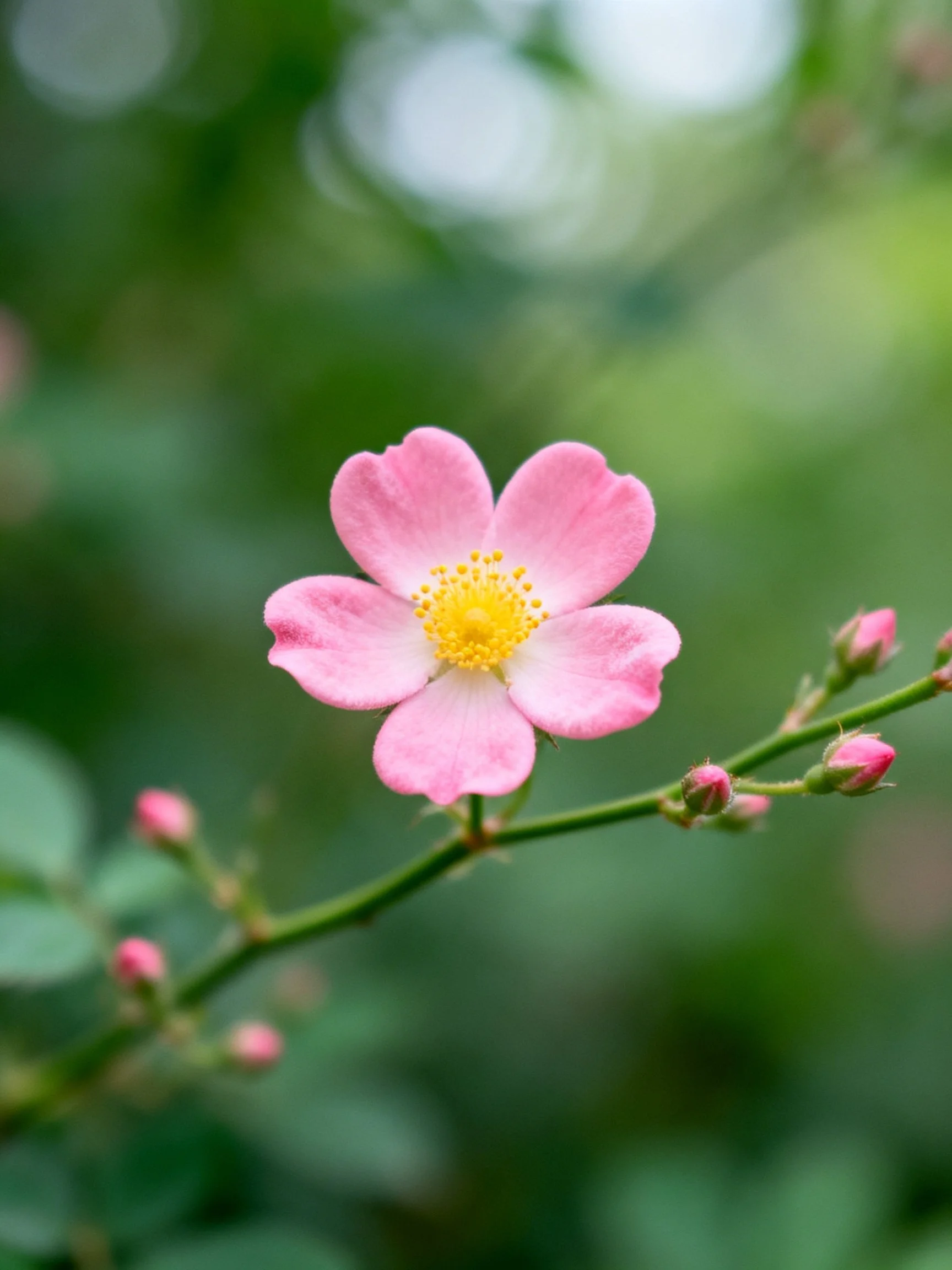 A delicate pink flower with yellow center on a green stem