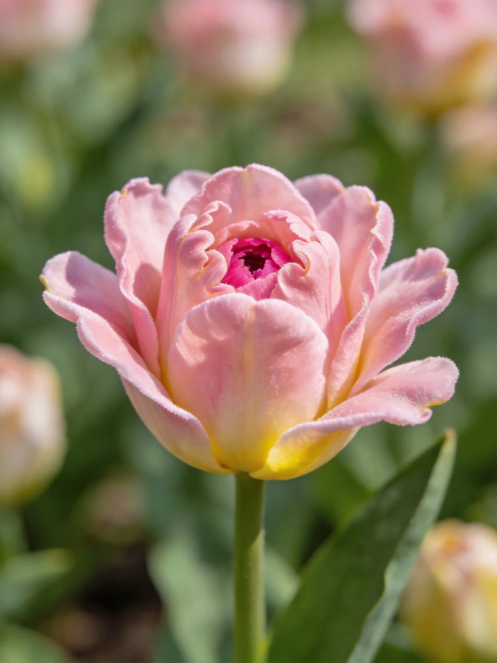 A delicate pink frilly tulip with yellow accents and magenta center