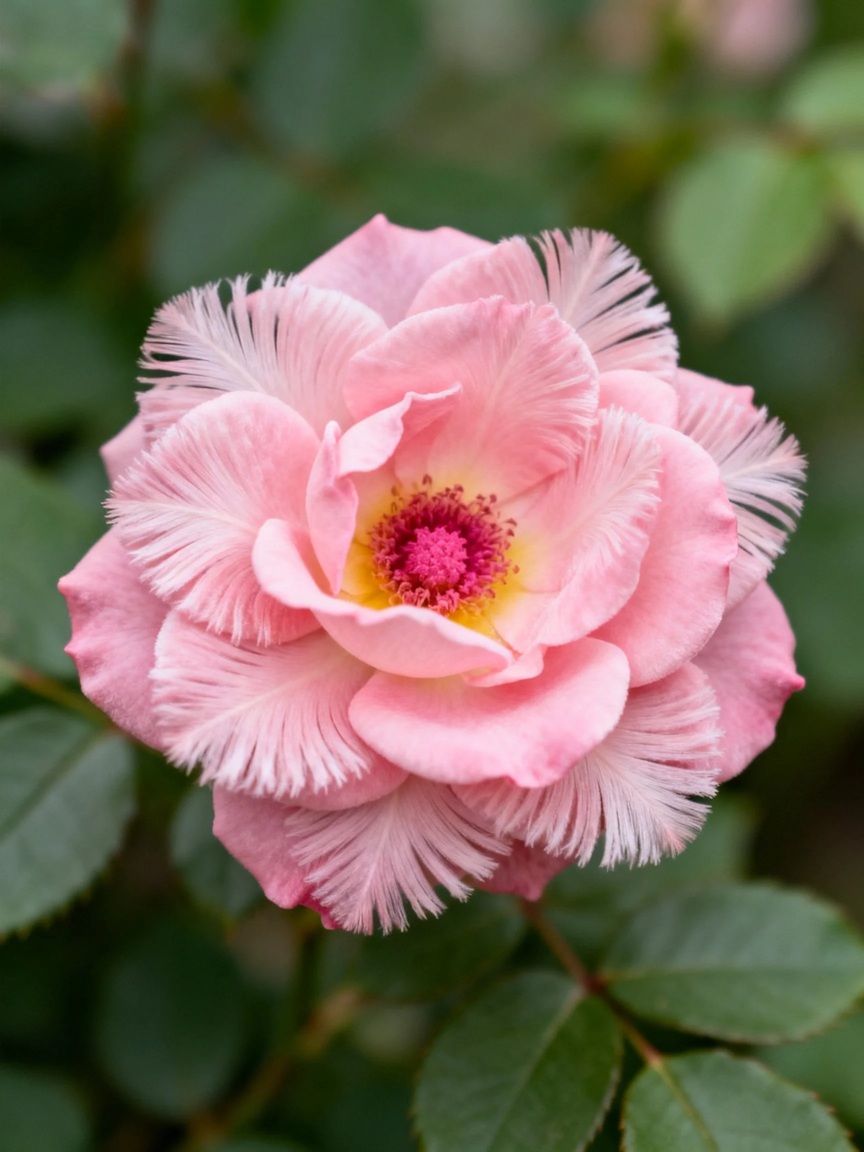A delicate pink fringed rose with vibrant centers
