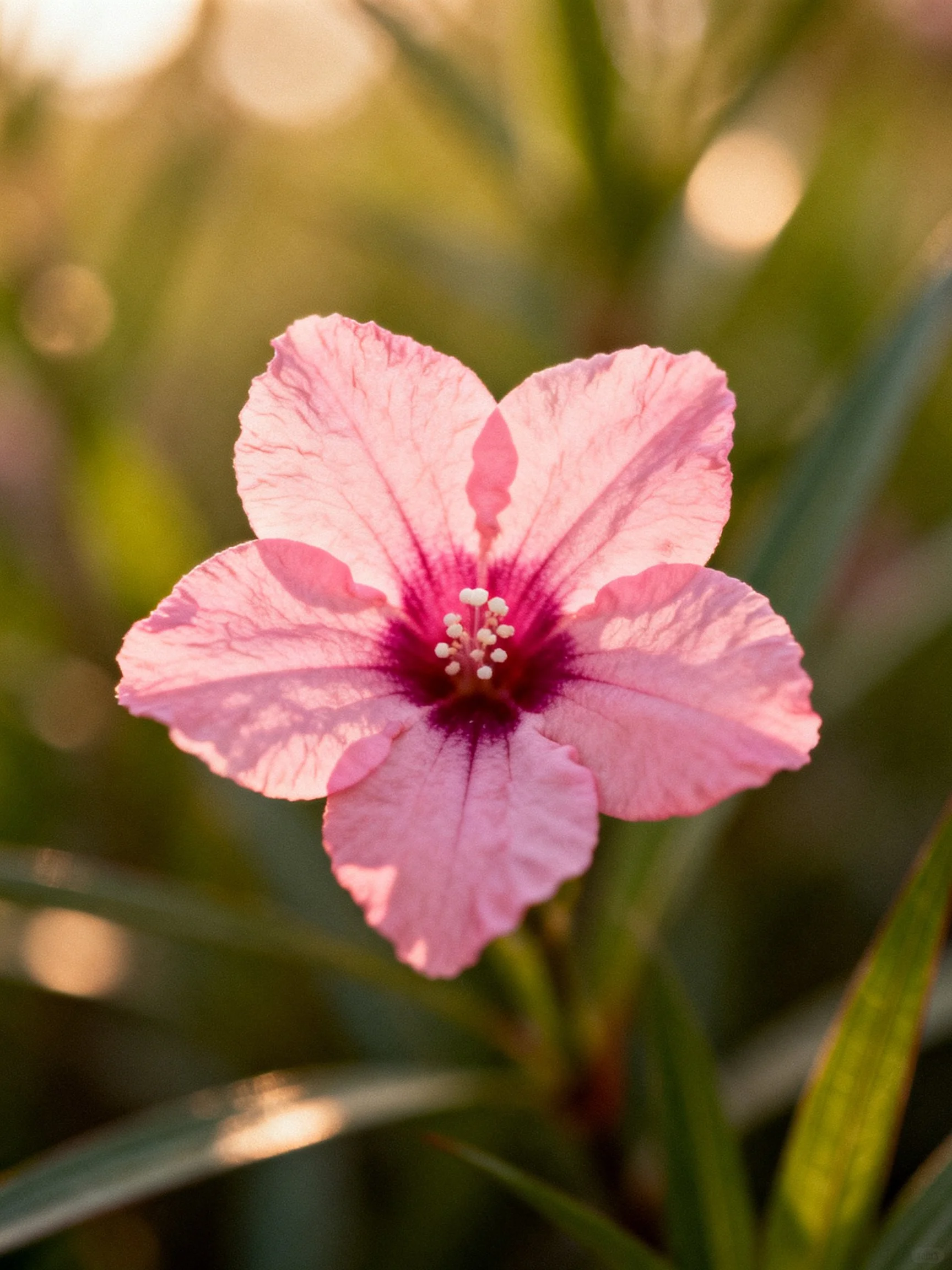 A delicate pink hibiscus with deep magenta center
