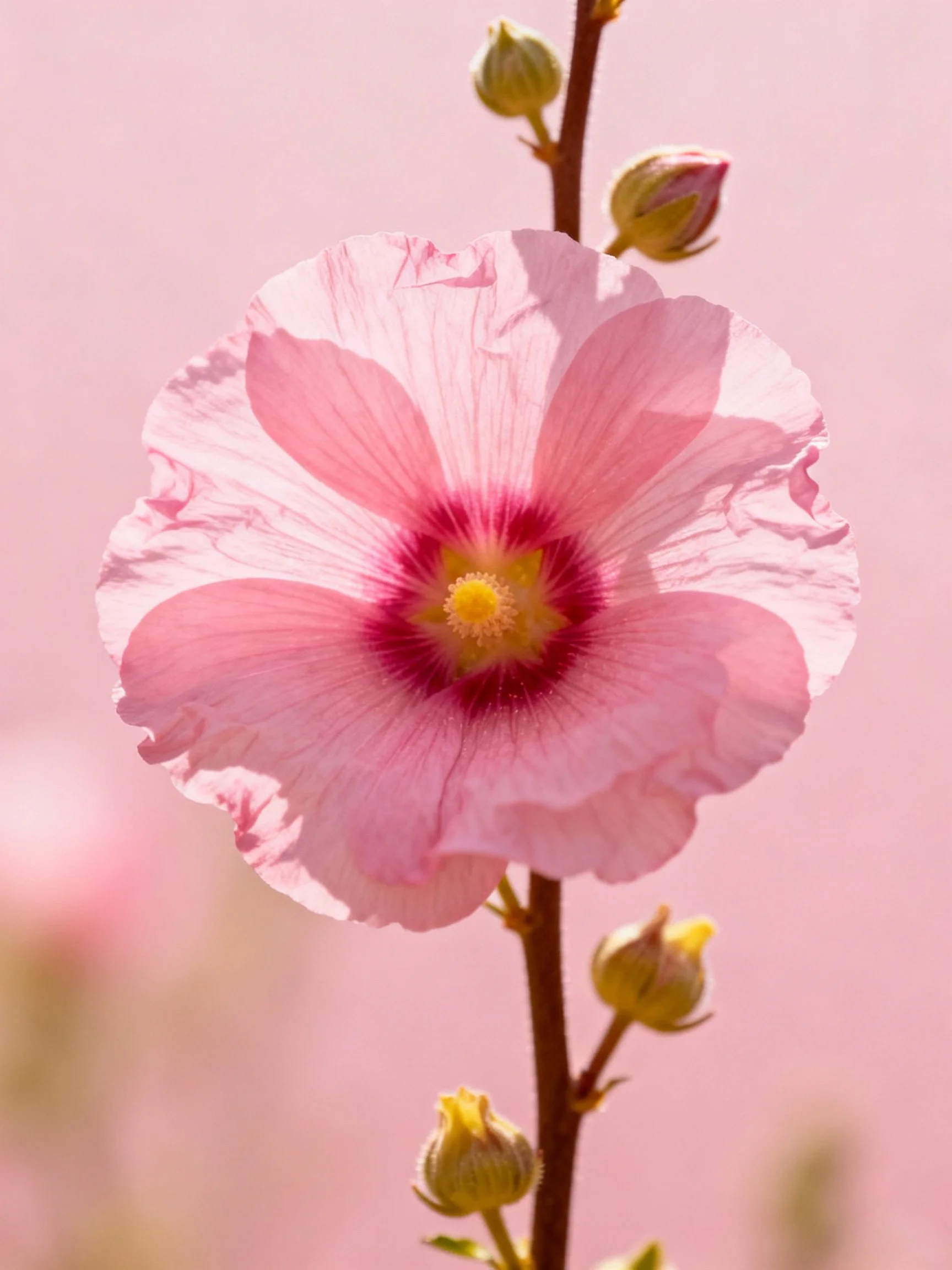 A delicate pink hollyhock flower with buds on a brown stem
