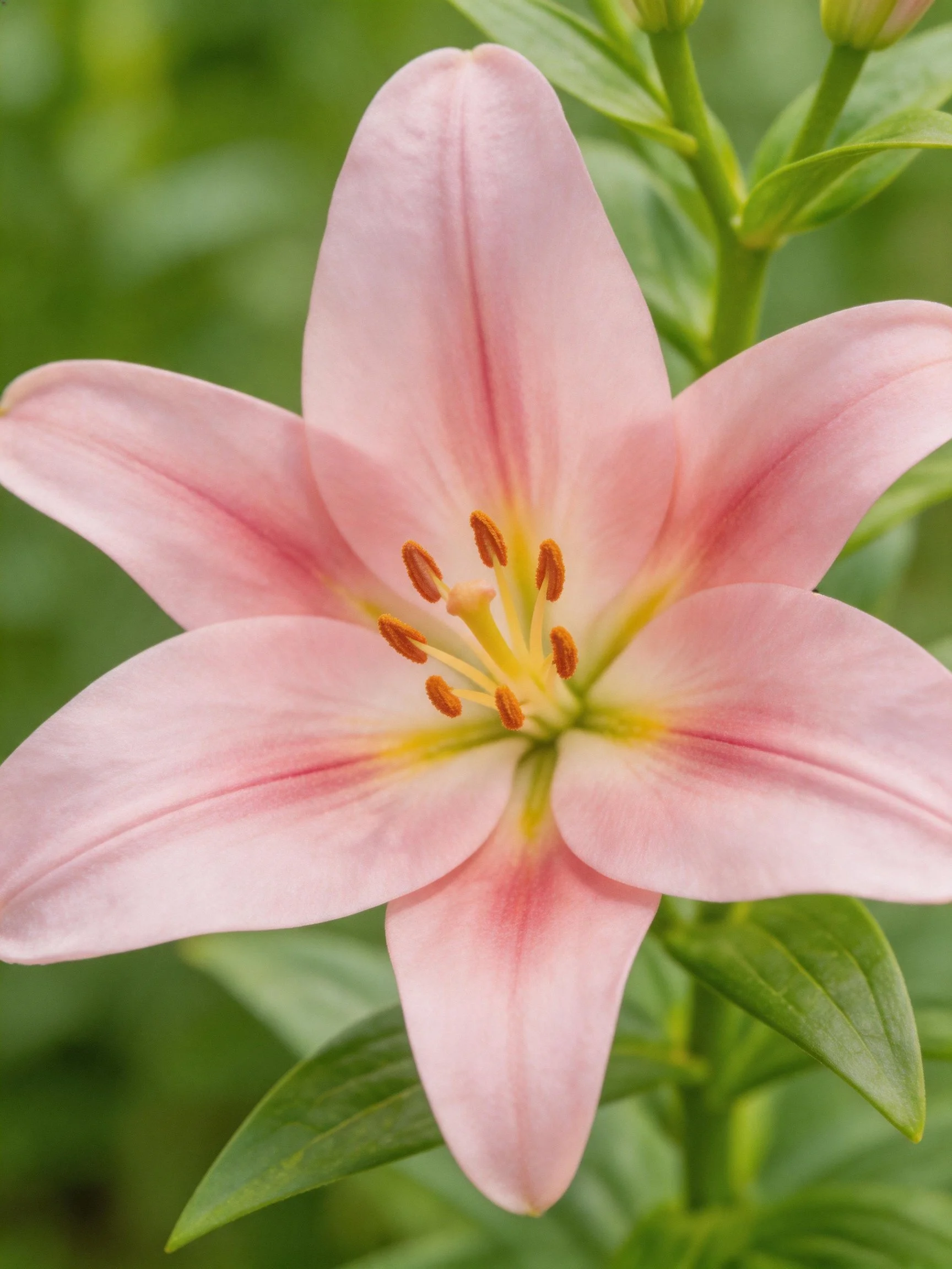 A delicate pink lily with six petals and golden stamens
